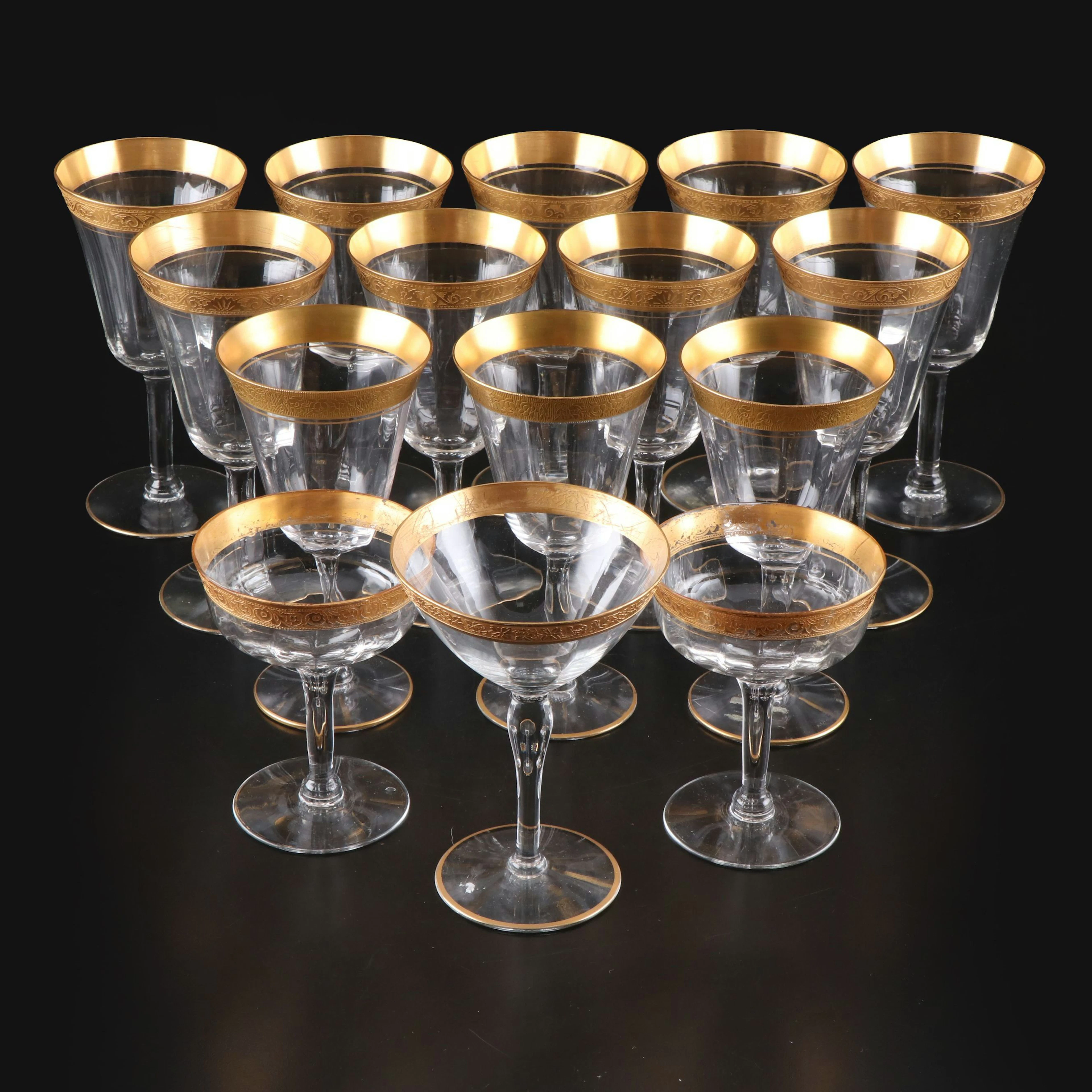 Gilt Rim Champagne Coupes, Water and Wine Glasses
