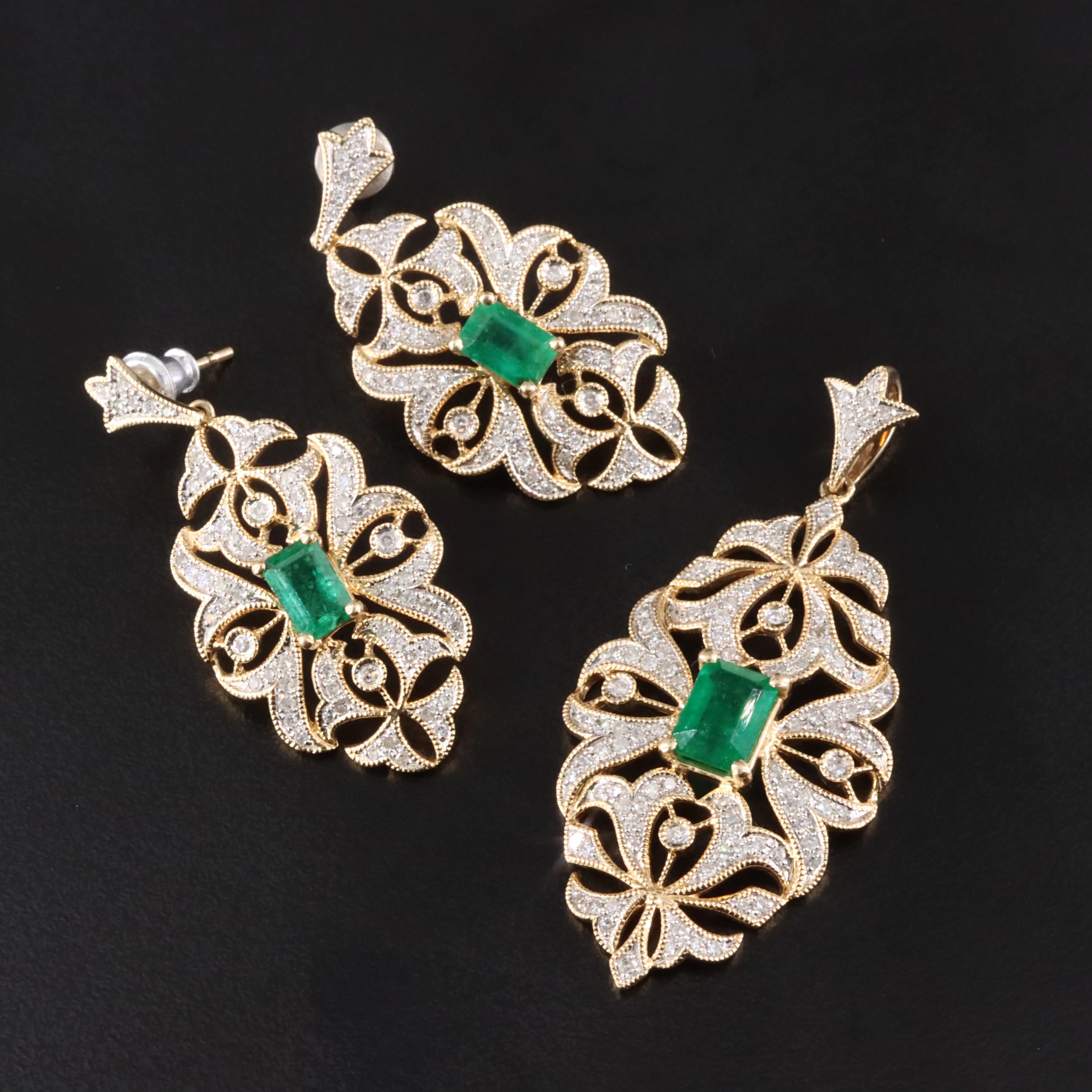Effy 14K Emerald and 1.05 CTW Diamond Ornate Drop Earrings and Pendant