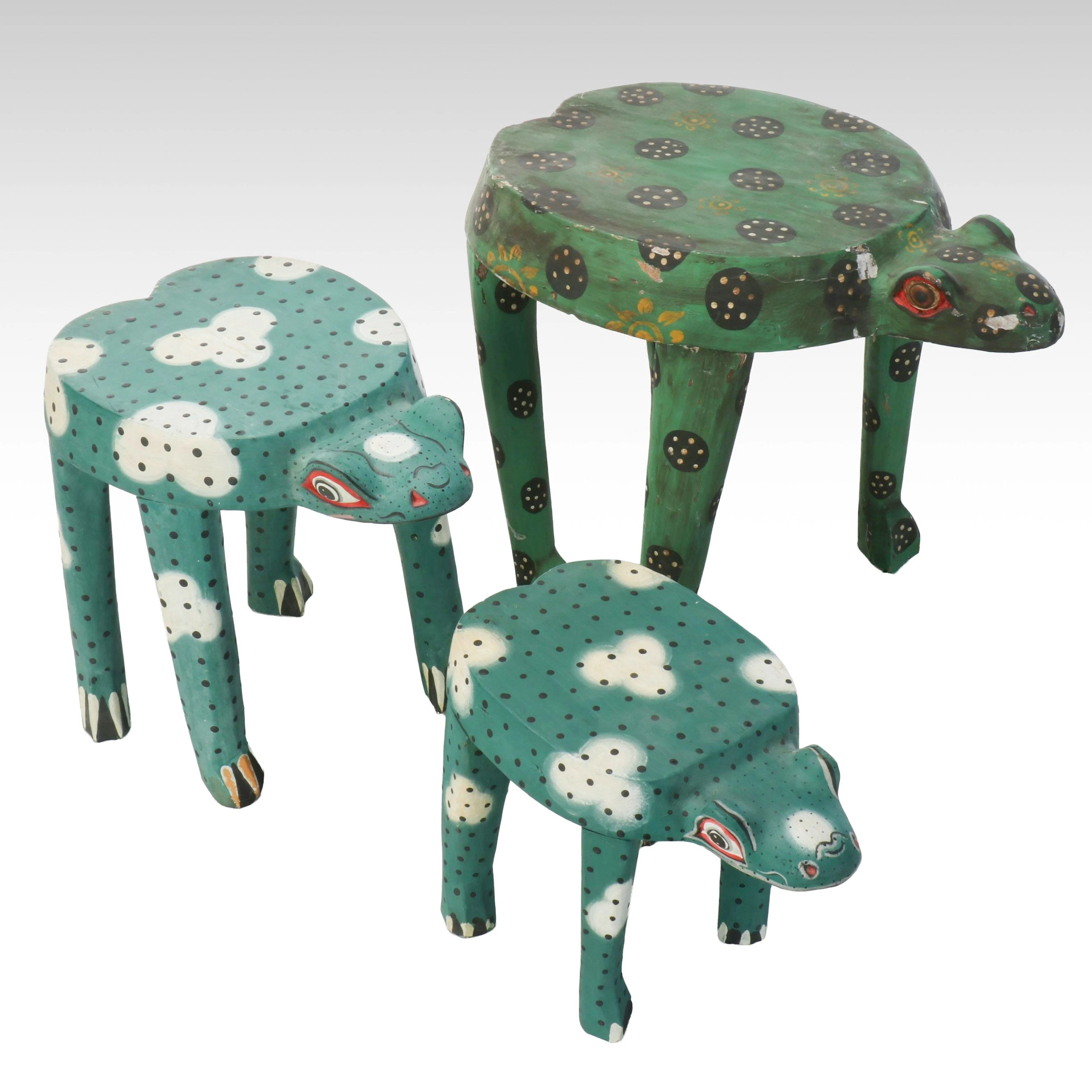 Set of Three Hand Painted Wooden Frog Stools, Late 20th to 21st Century