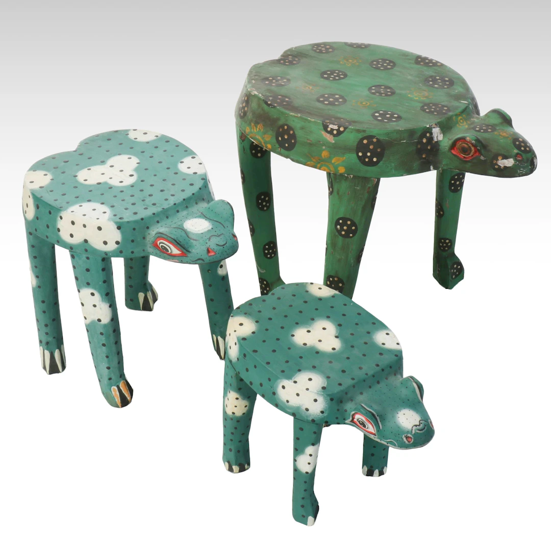 Set of Three Hand Painted Wooden Frog Stools, Late 20th to 21st Century
