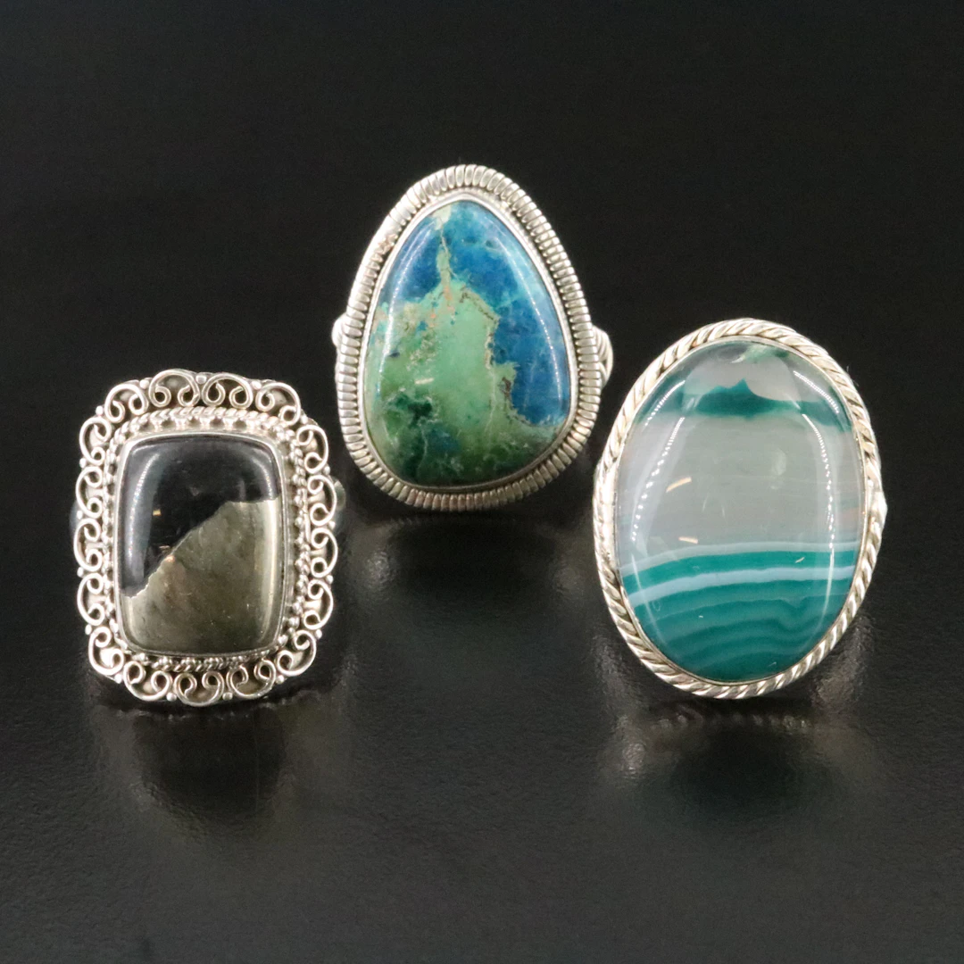Pyrite, Chrysocolla and Agate Rings Including Sterling