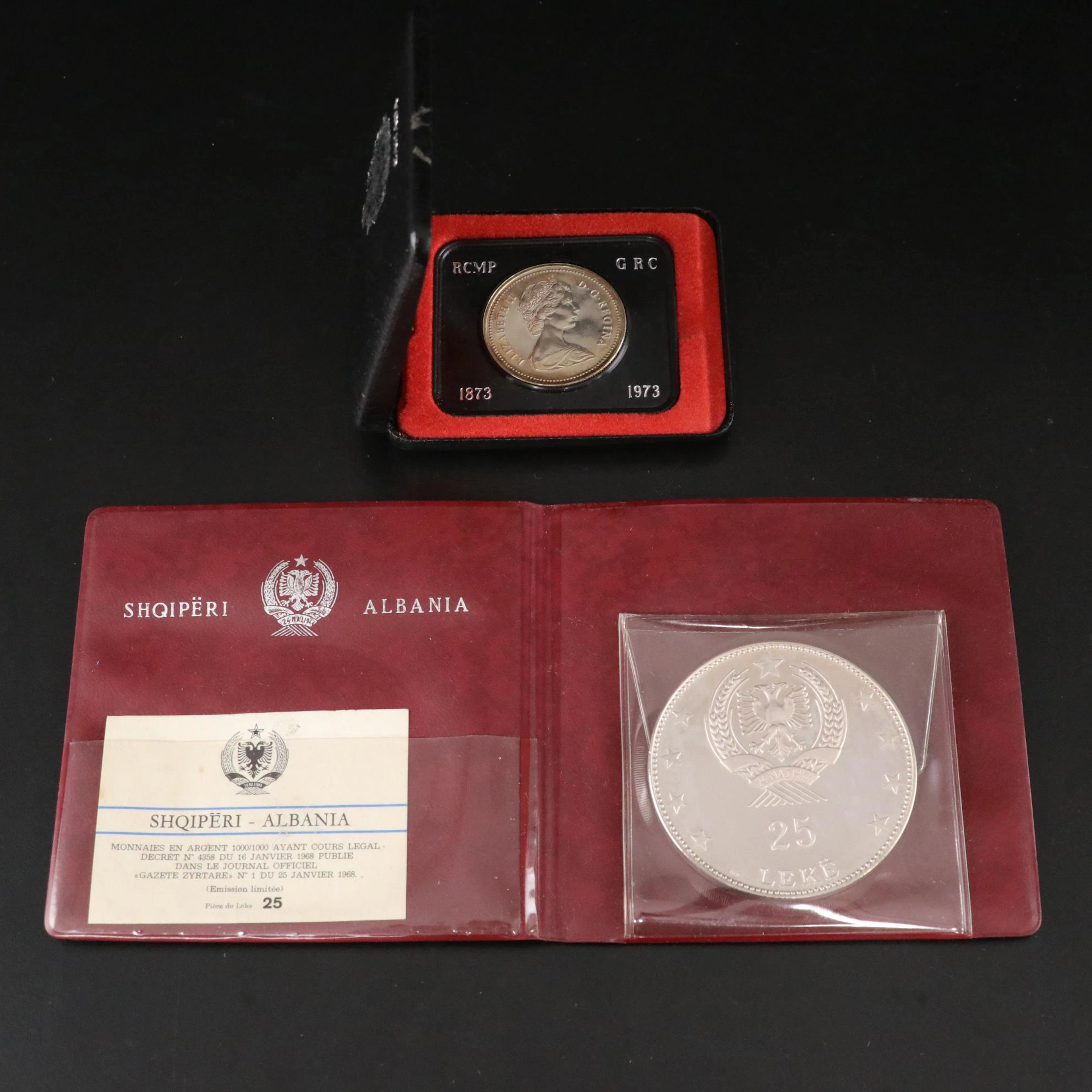 1968 Albanian Silver 25 Leke Coin with 1973 Canadian Silver Dollar