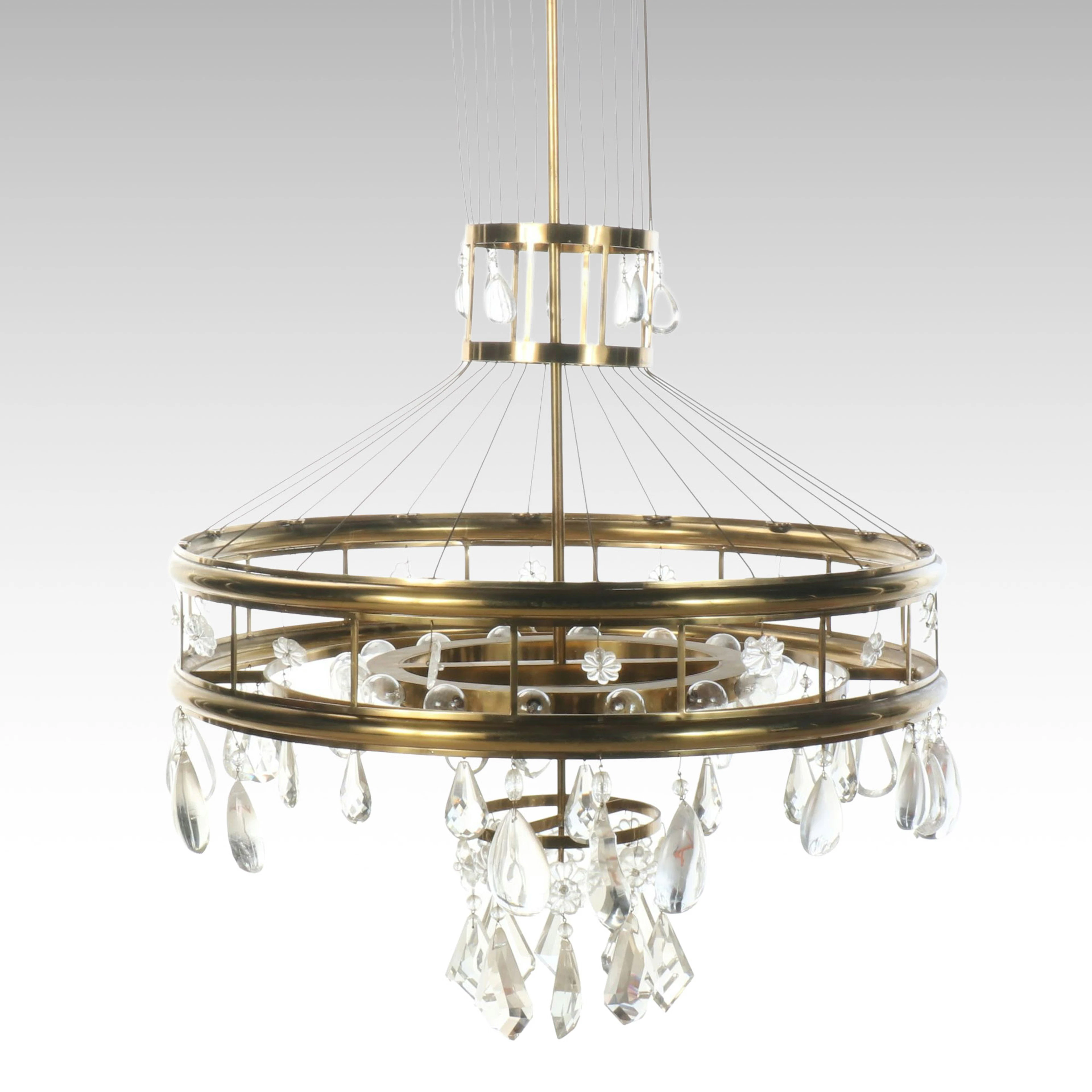 Hollywood Regency Brass Chandelier with Rock Crystal and Glass Pendants