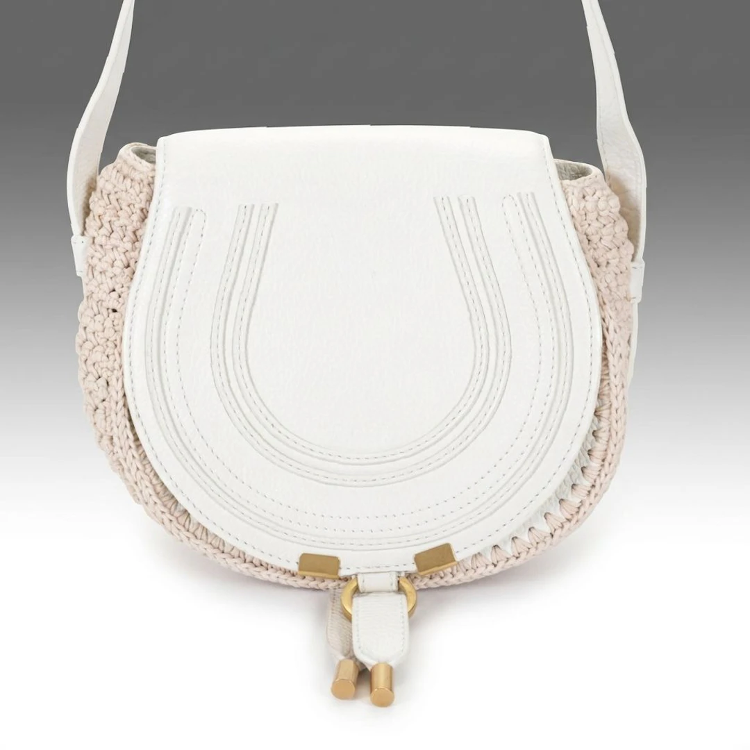 Chloé Marcie Saddle Flap Bag in Woven Raffia & White Grained Calfskin Leather