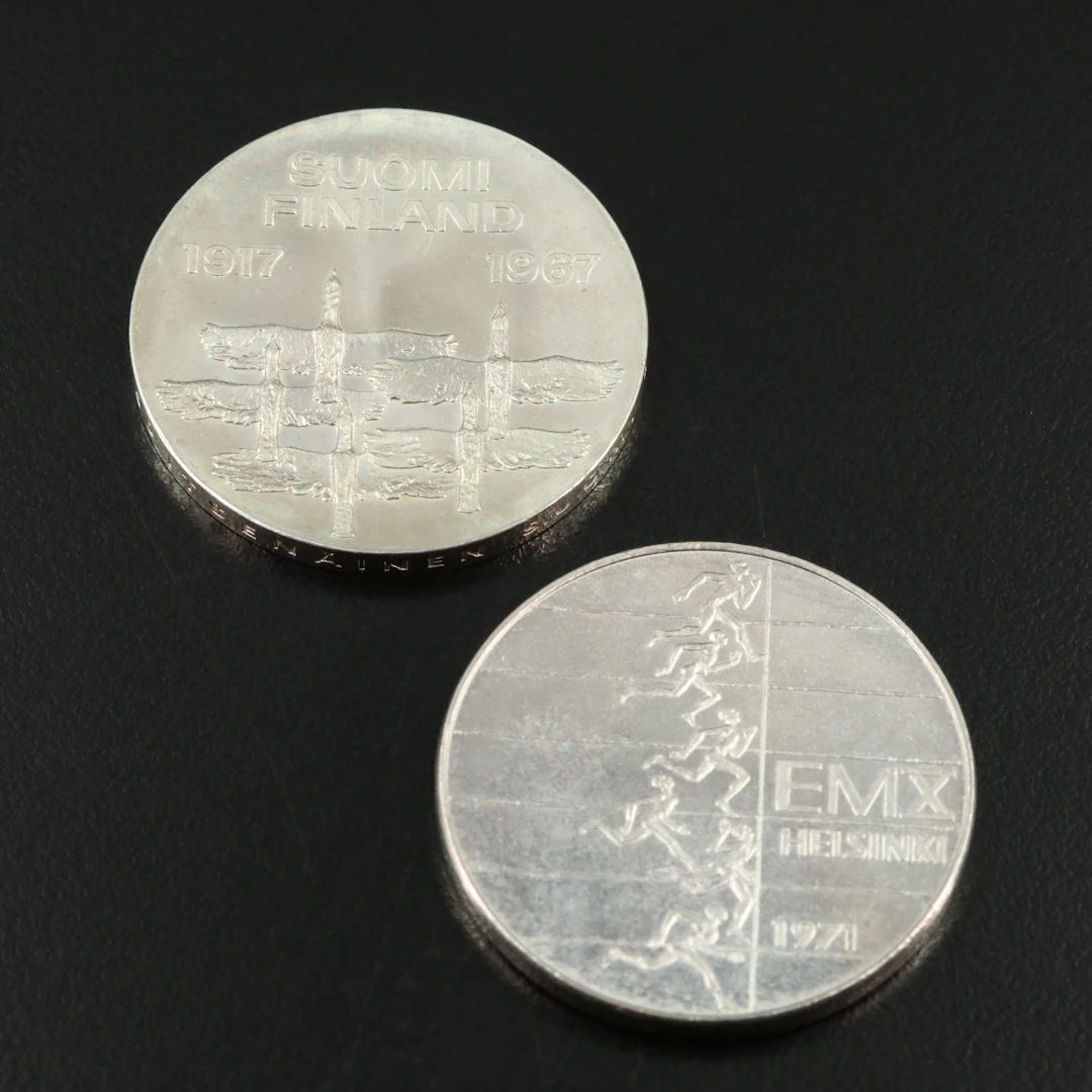 Two Finland Silver Ten Markkaa Coins, 1967 and 1971