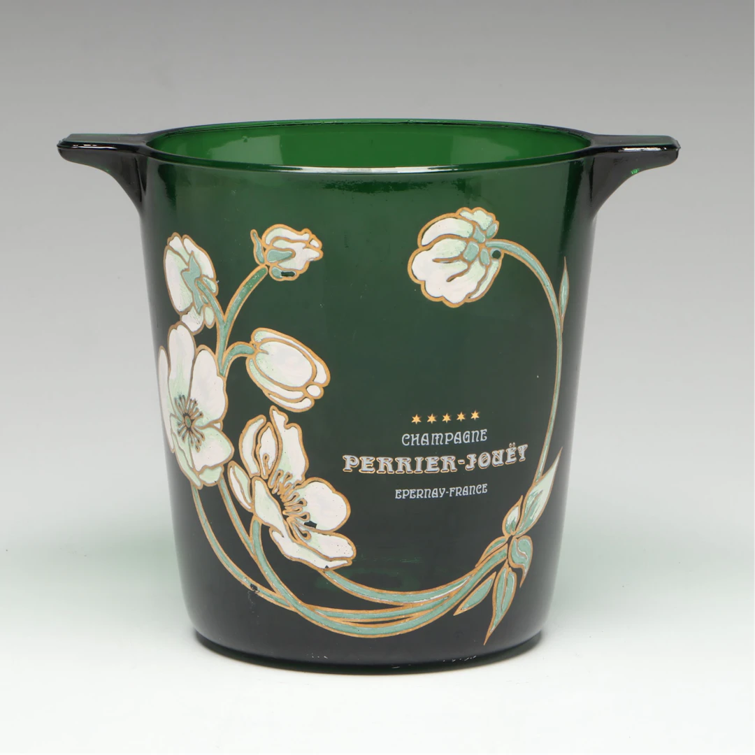 Perrier-Jouët Mid-Century Floral Emerald Green Glass Champagne Bucket