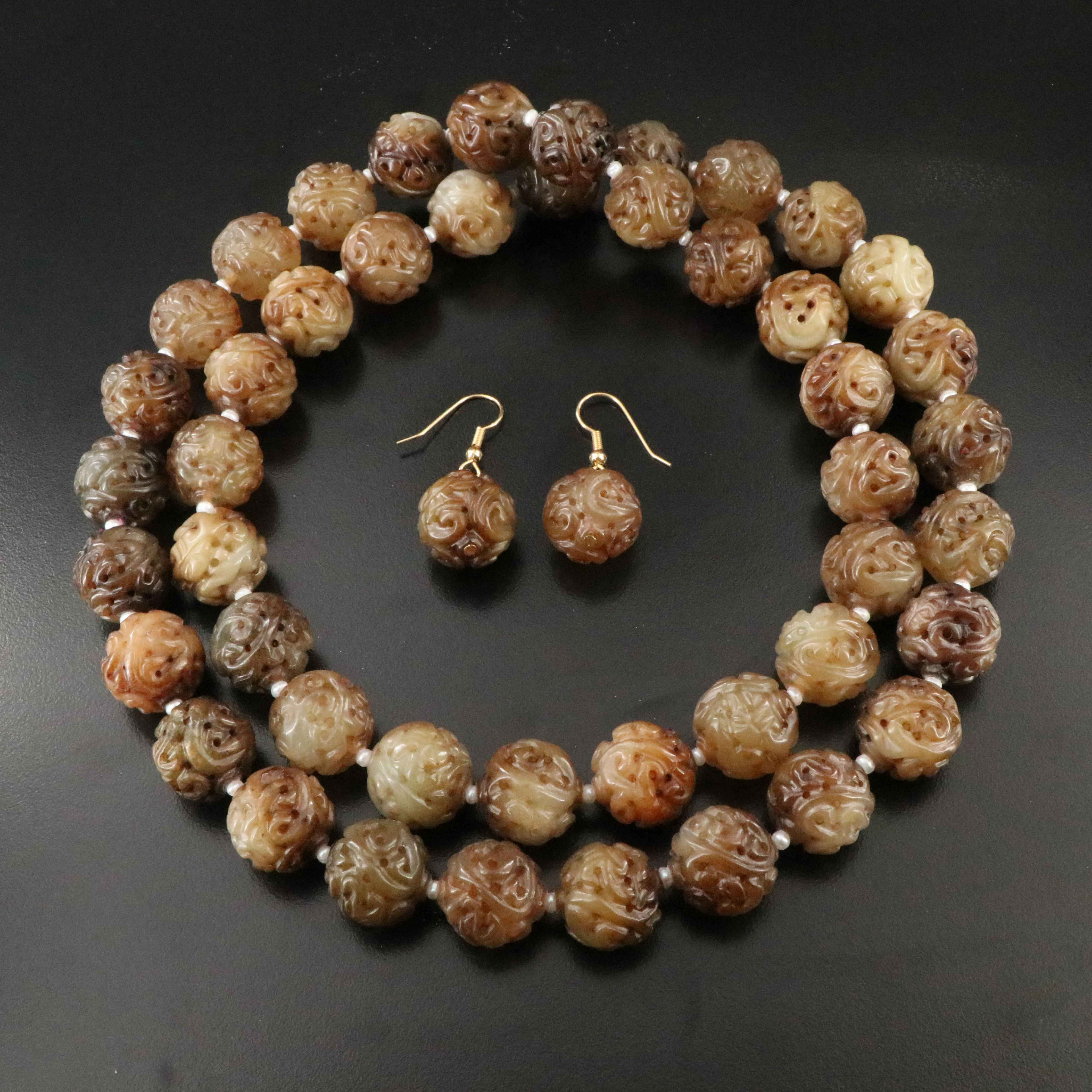 Chinese Serpentine Dragon Ball Necklace and Earrings