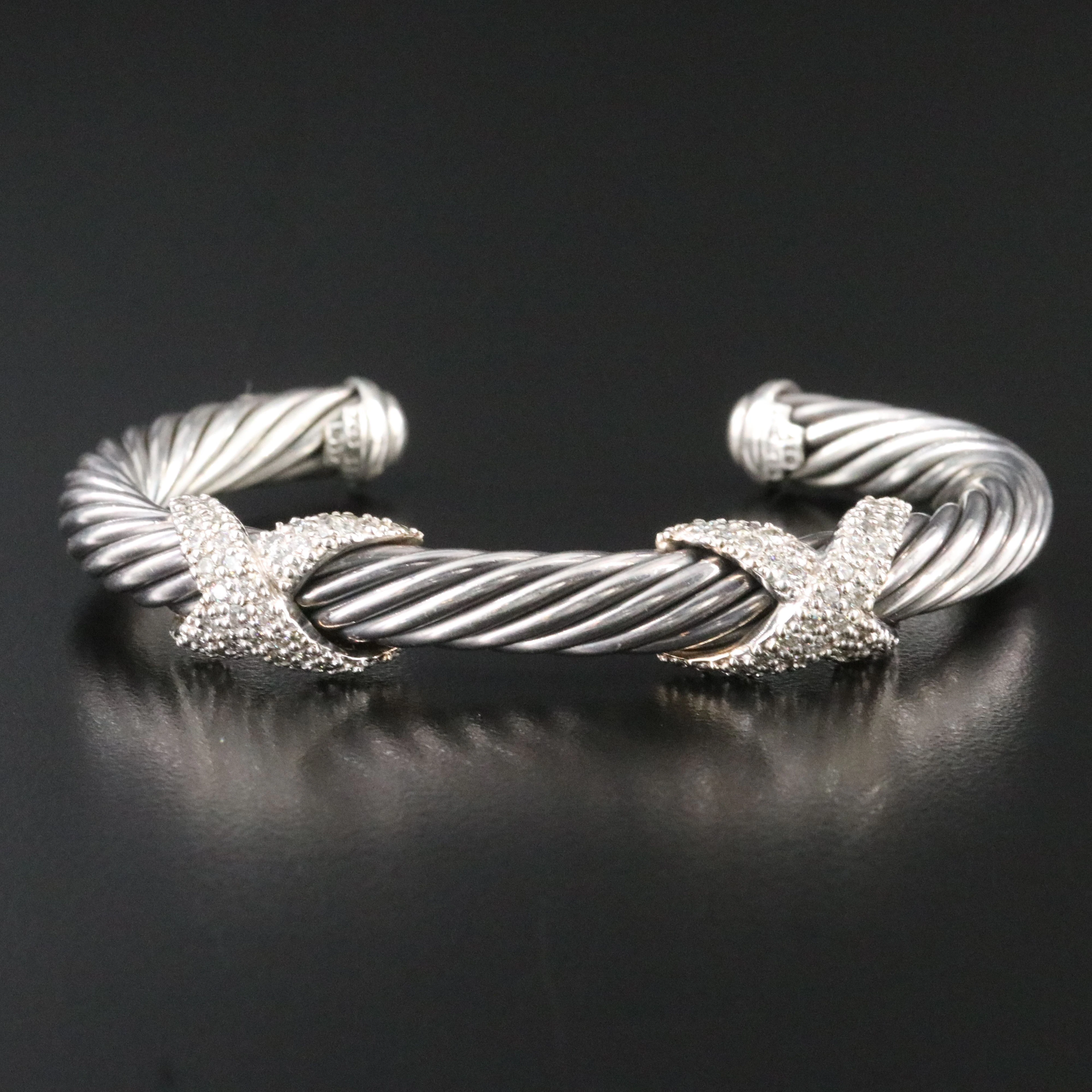 David Yurman Sterling 1.58 CTW Diamond X Station Cuff Bracelet with 14K Accents