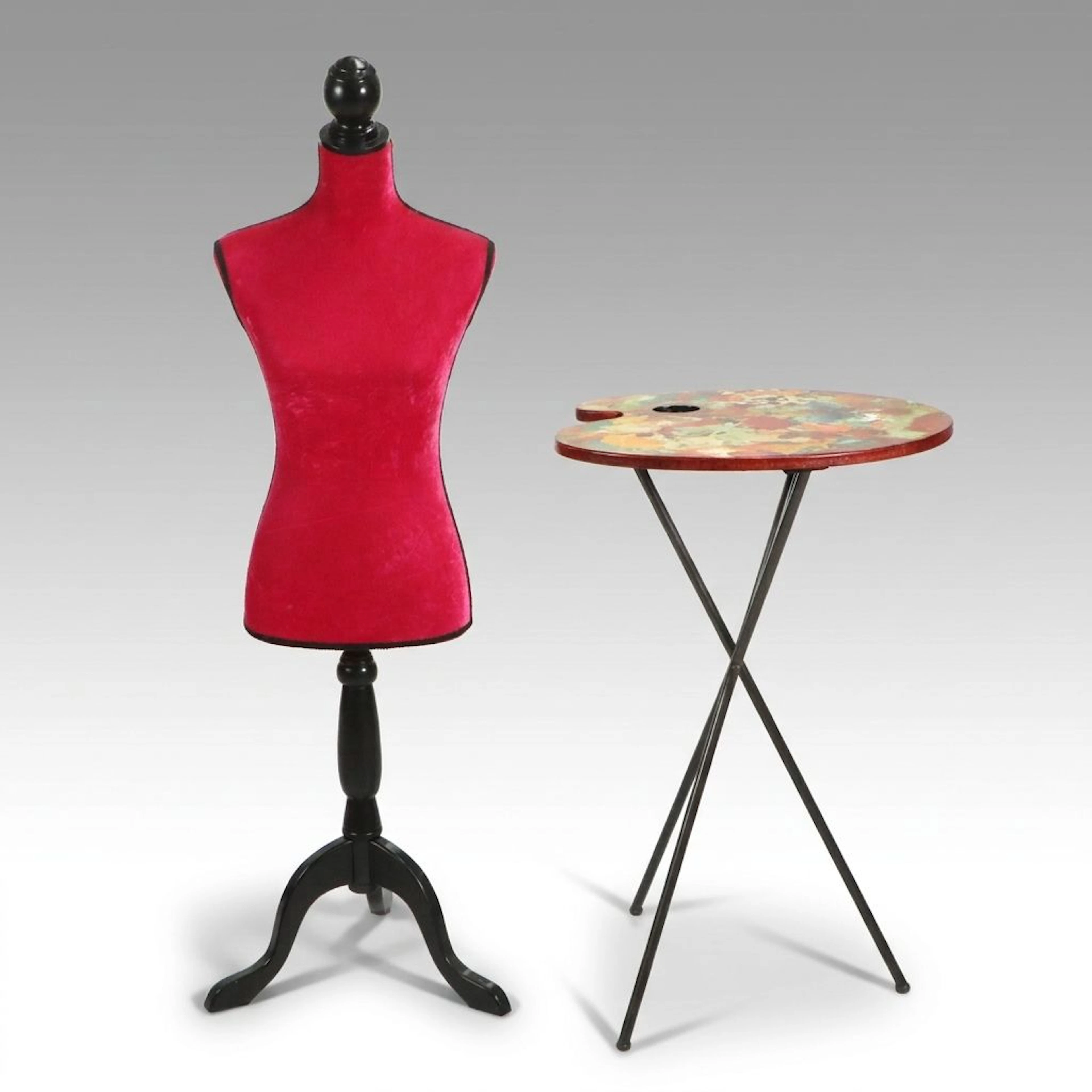 Velvet Pink Mannequin Torso with Artist's Palette Wooden Side Table