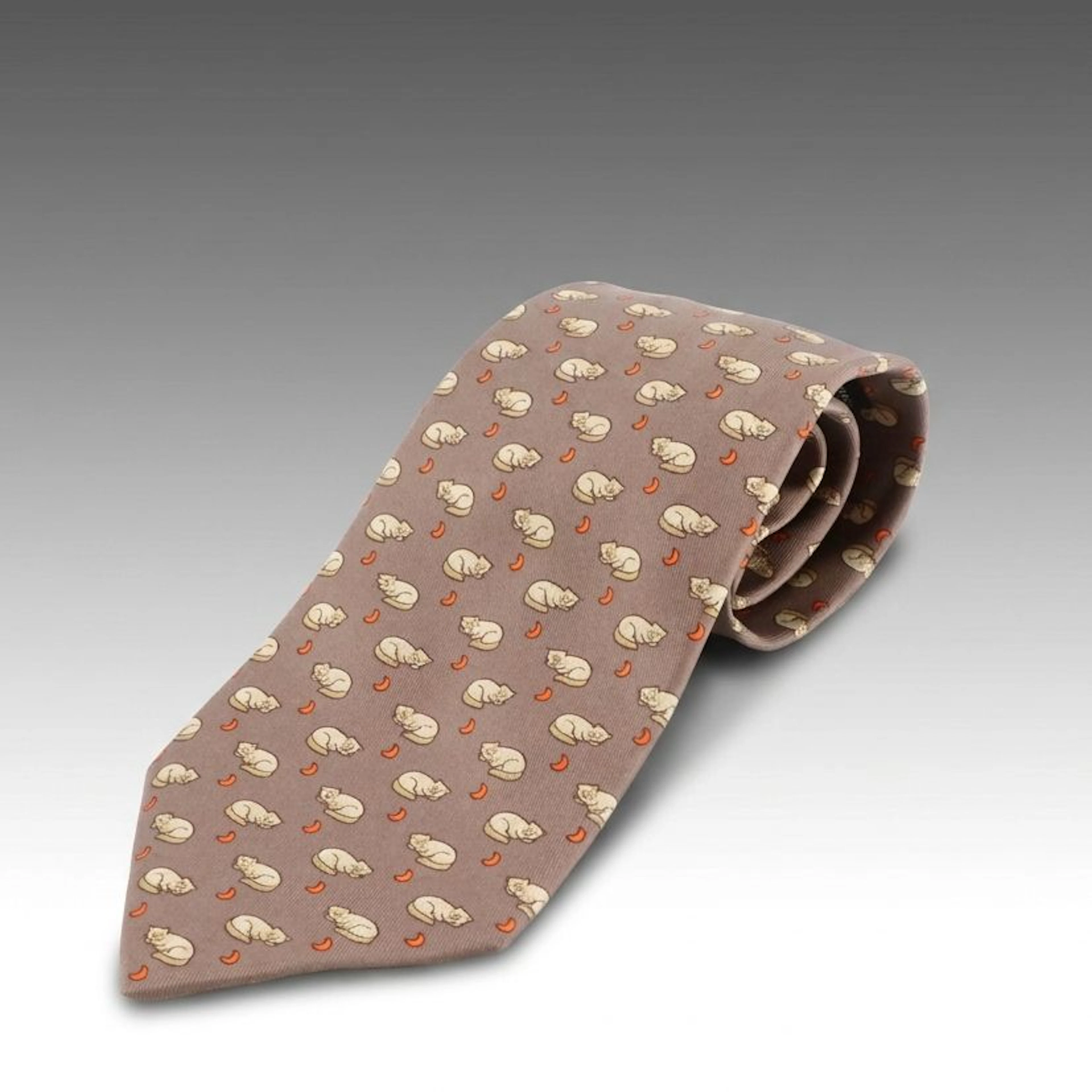Hermès Sleeping Cats/Dancing Mice Pattern Tall Necktie in Silk Twill with Box