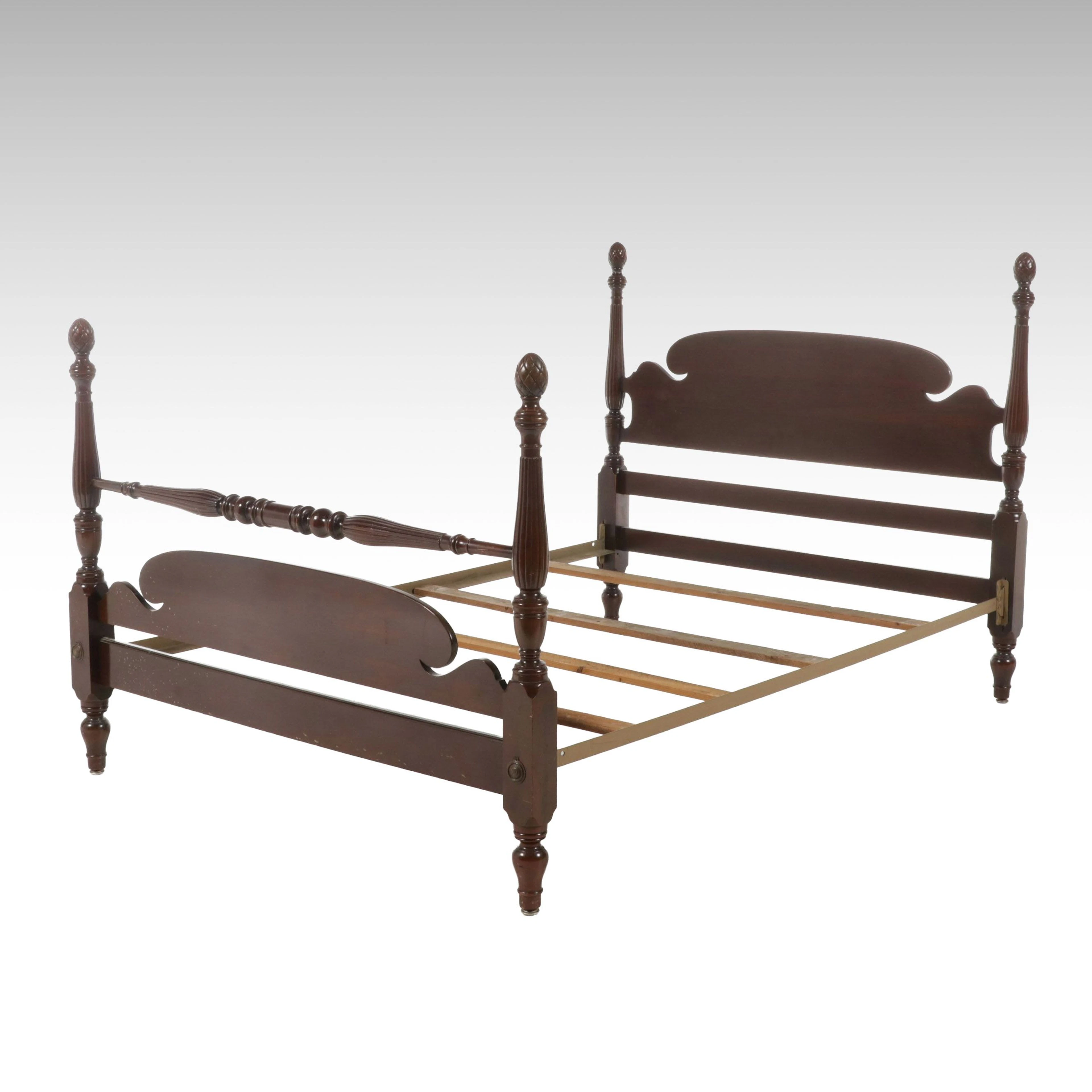 Federal Style Walnut Finish Pineapple Finial Four-Poster Bed, Mid