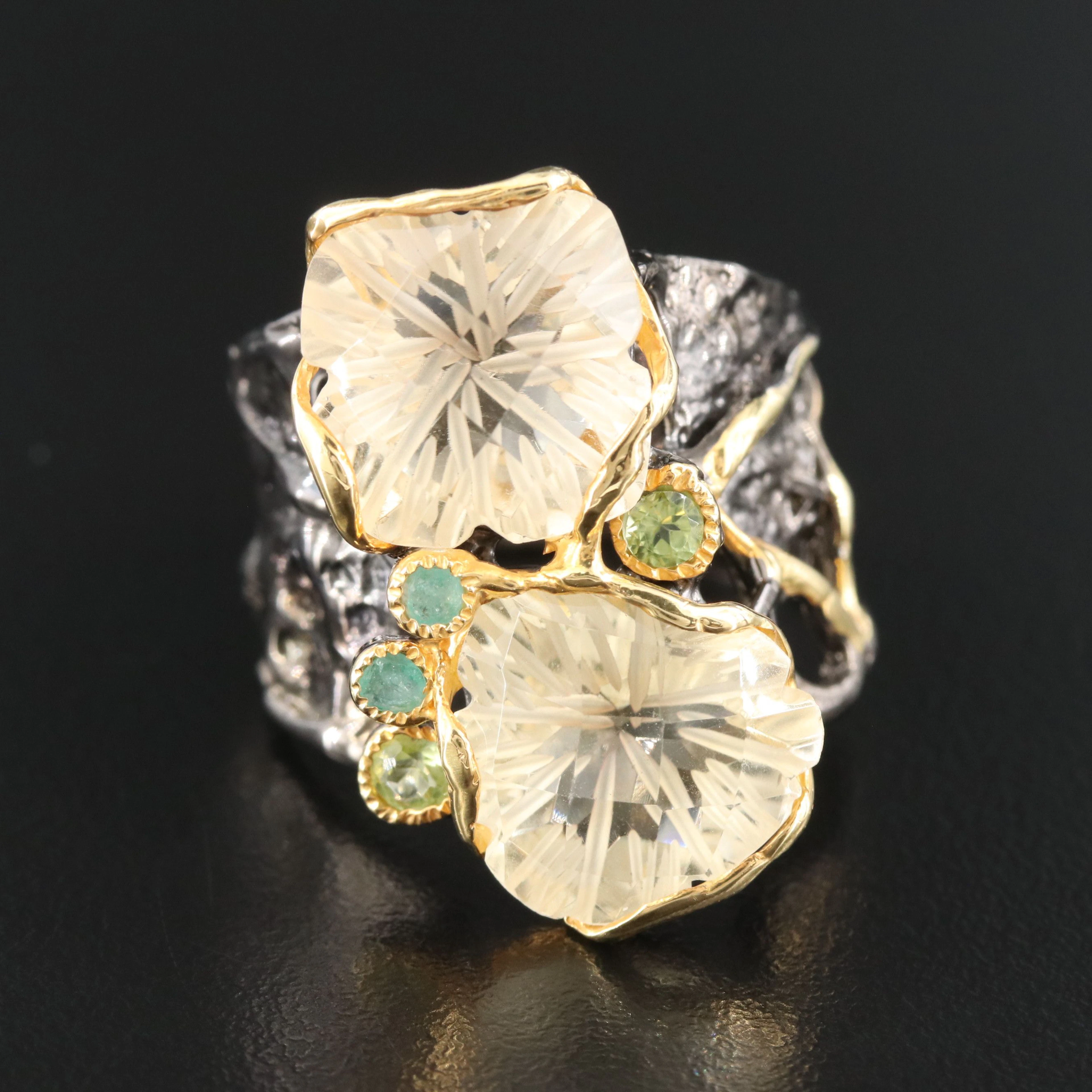 Sterling Citrine Ring with Emerald, Peridot, and Gold Tone Accents