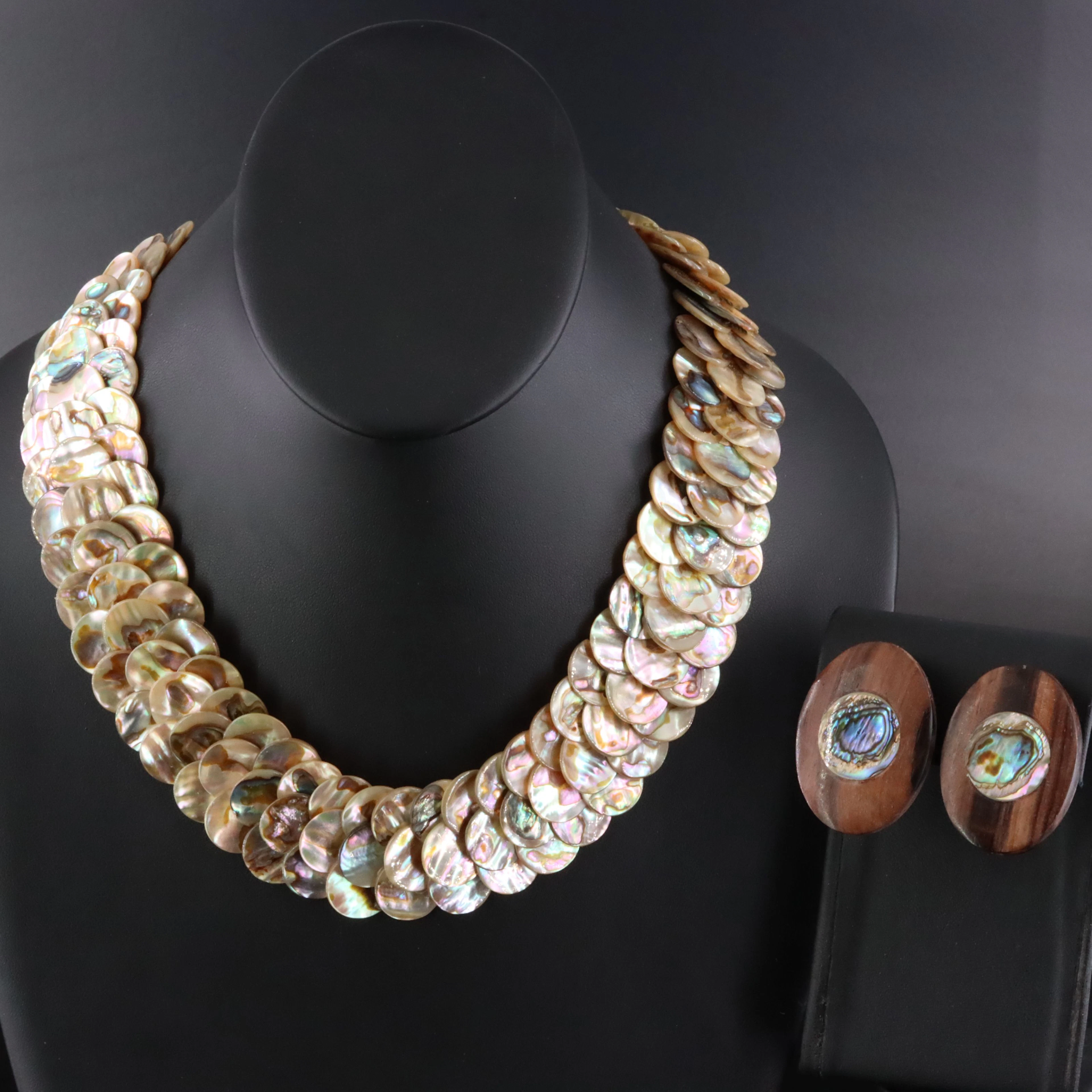 Abalone Layered Necklace & Inlay Wood Earrings