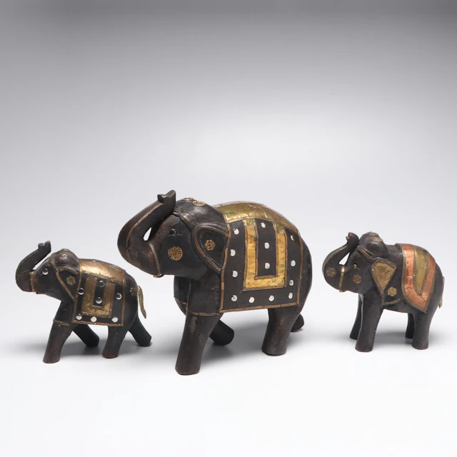 Indian Carved Wood Elephant Figurines with Brass and Copper Accents, Set of 3