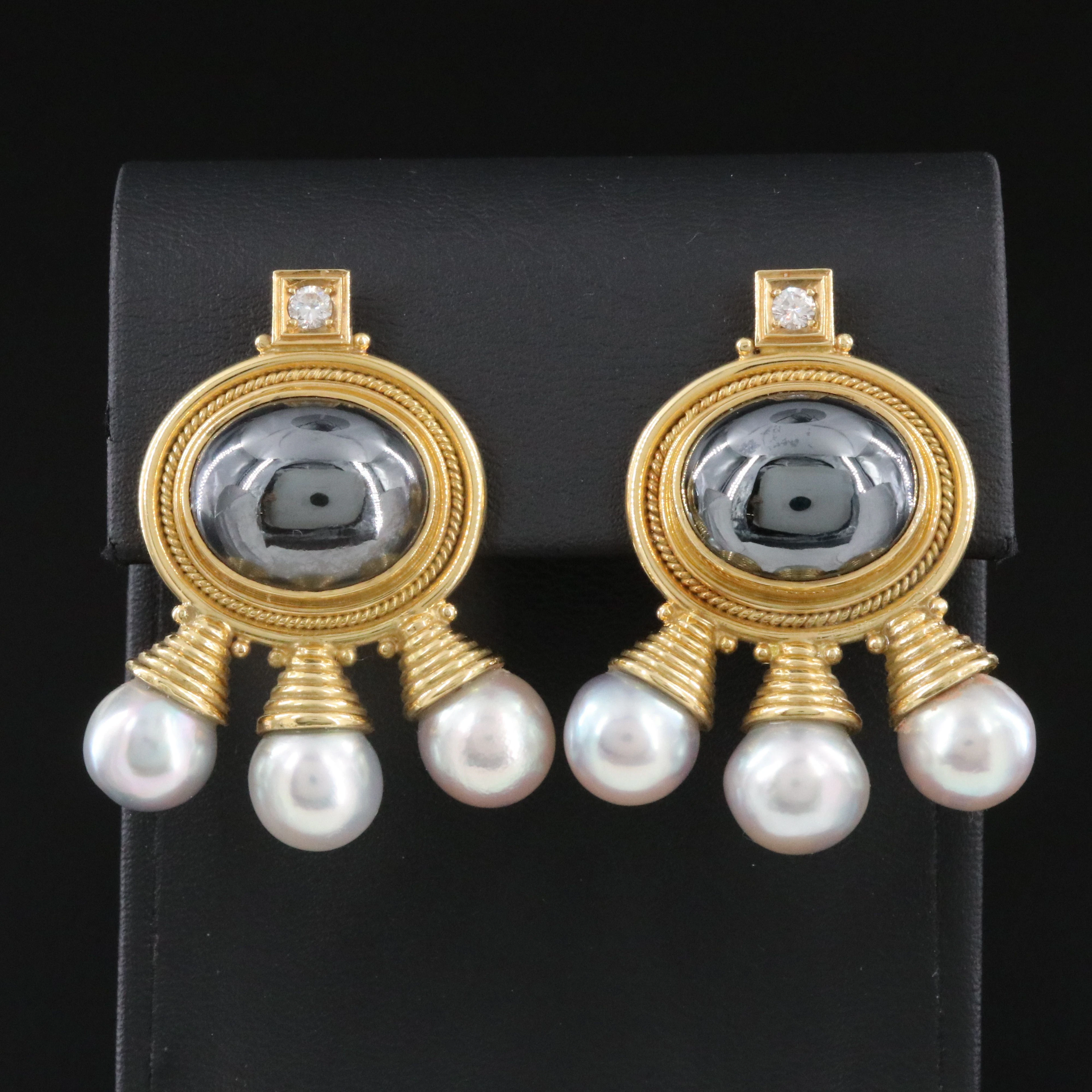 Elizabeth Gage African Queen 18K Diamond, Pearl and Hematite Clip Earrings