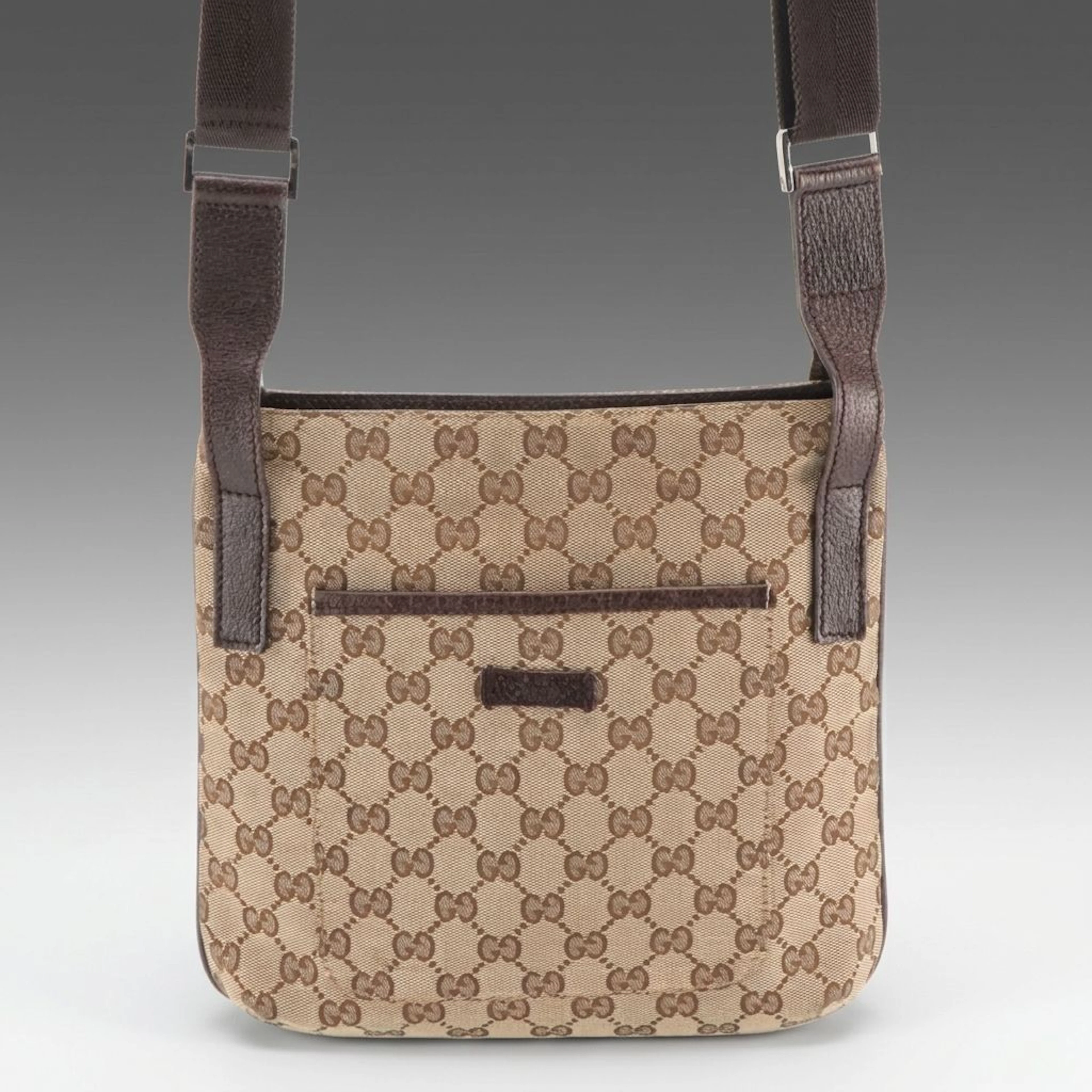 Gucci Small Front Pocket Crossbody Bag in GG Canvas and Brown Leather