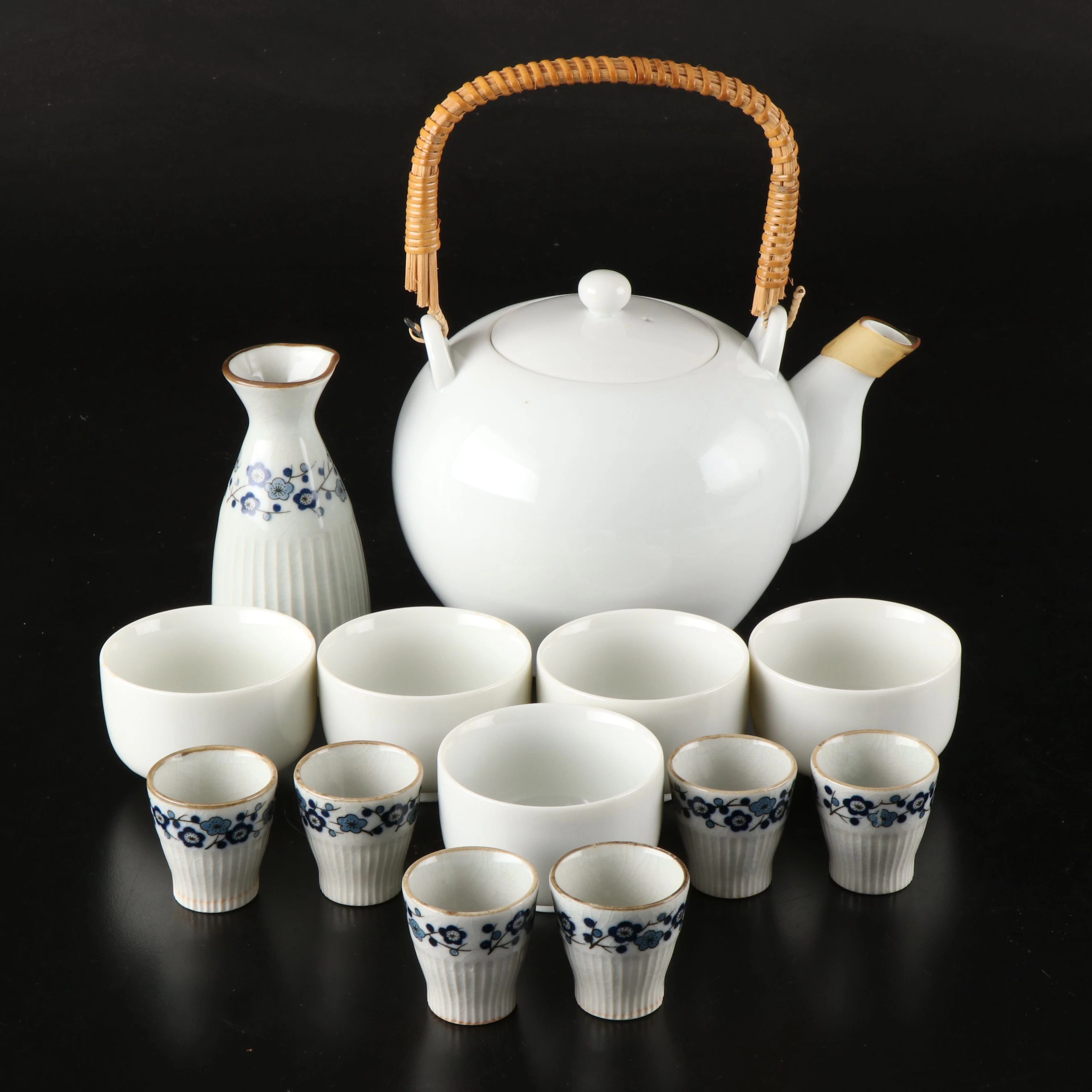 Japanese Blue Floral Porcelain Sake Set with Other Tea Set
