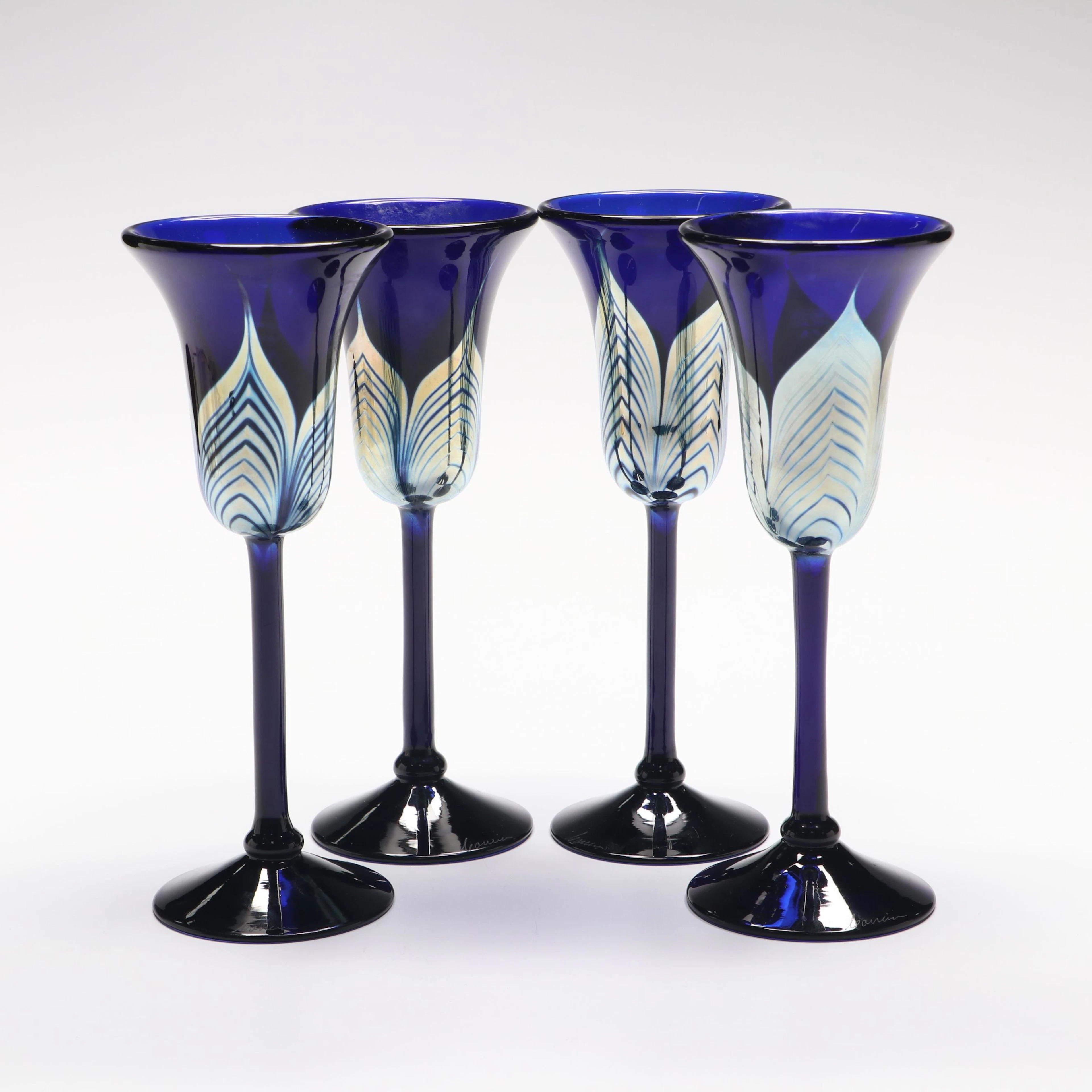 Correia Cobalt Art Glass Pulled Feather Wine Glasses