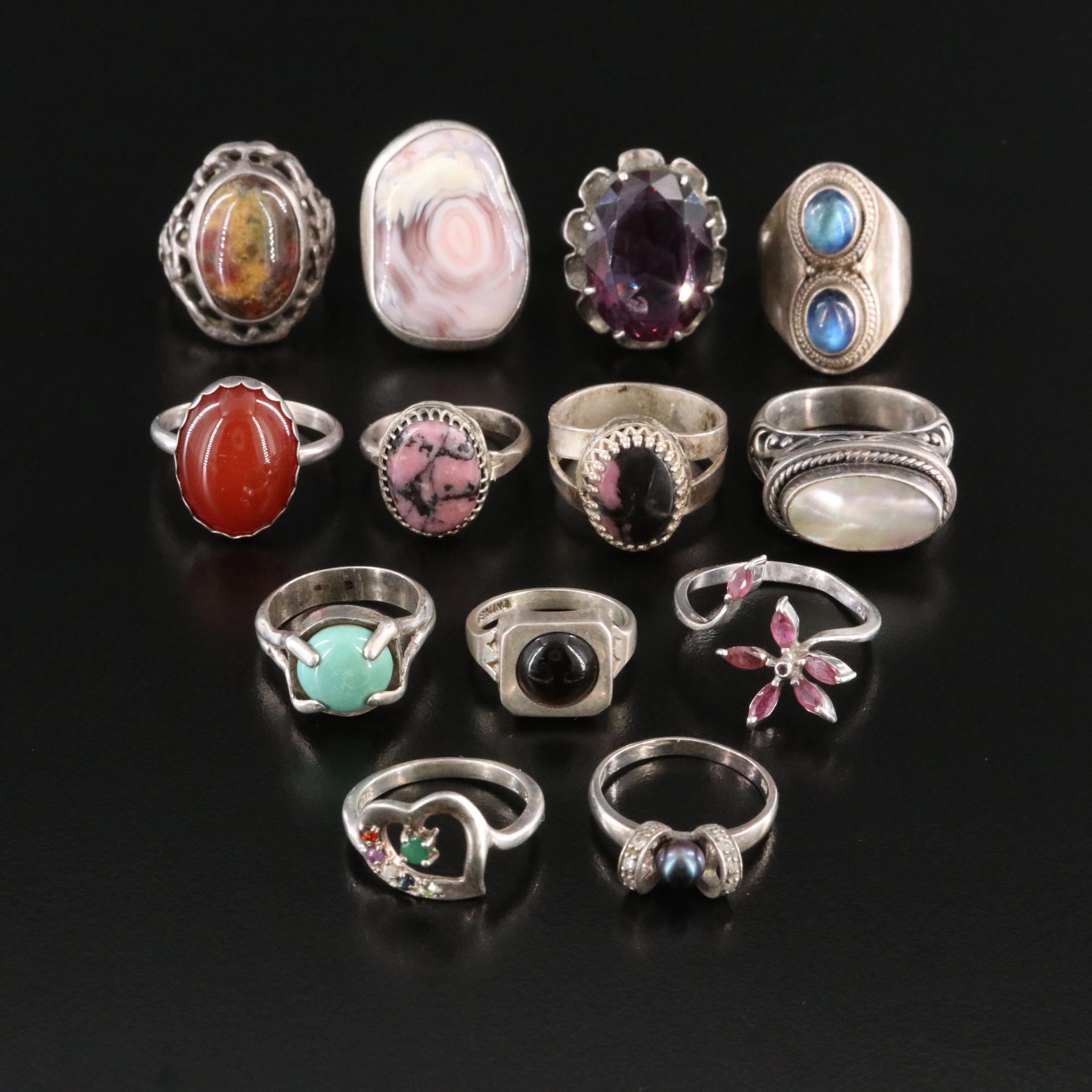 Sterling Gemstone Ring Collection Including Labradorite, Rhodonite and Agate