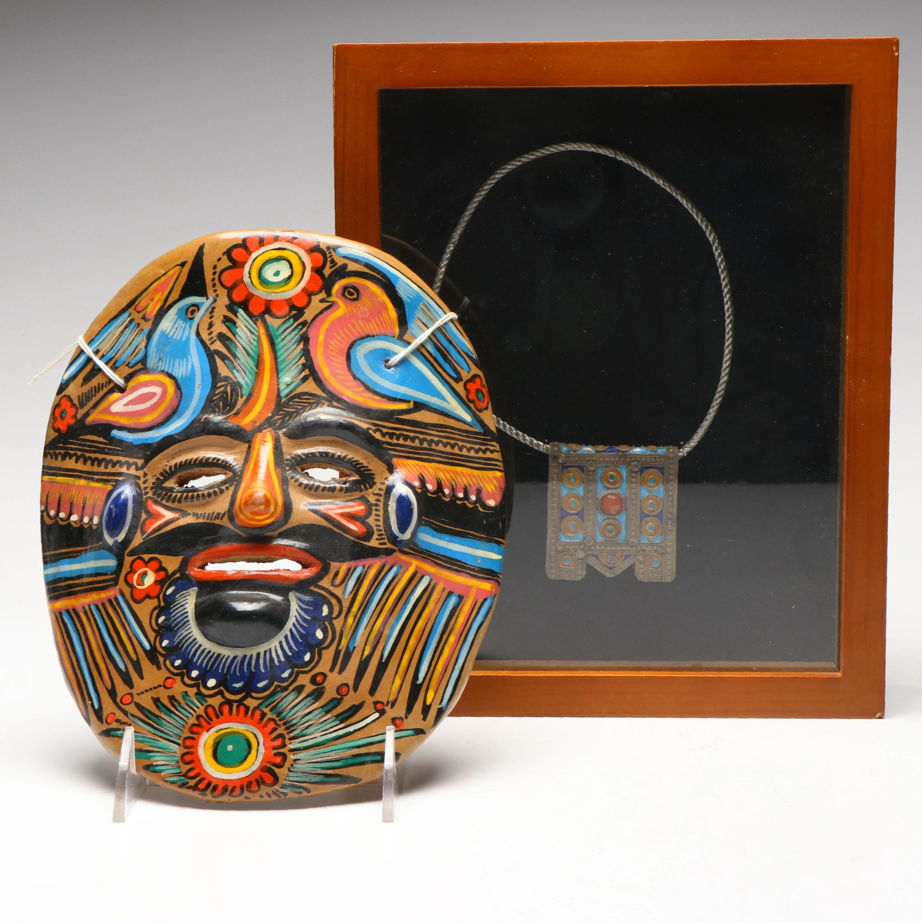 Mexican Folk Art Pottery Mask with Framed Amulet Enamel Pendant Necklace