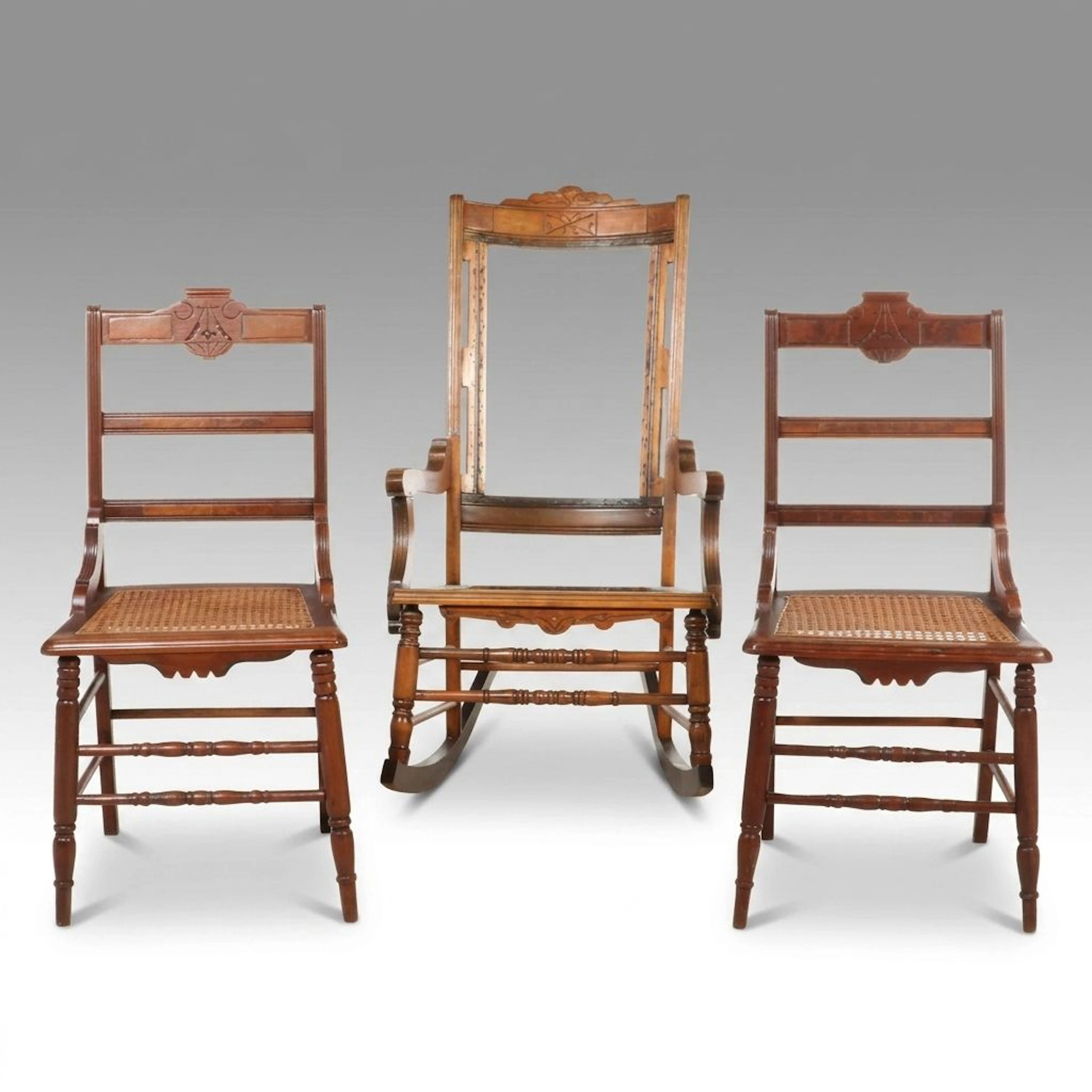 Assembled Set of Antique Eastlake Carved Walnut Side Chairs with Rocking Chair