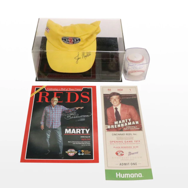 Marty Brenamann Signed Baseball and Print with Joe Nuxhall Signed Golf Hat