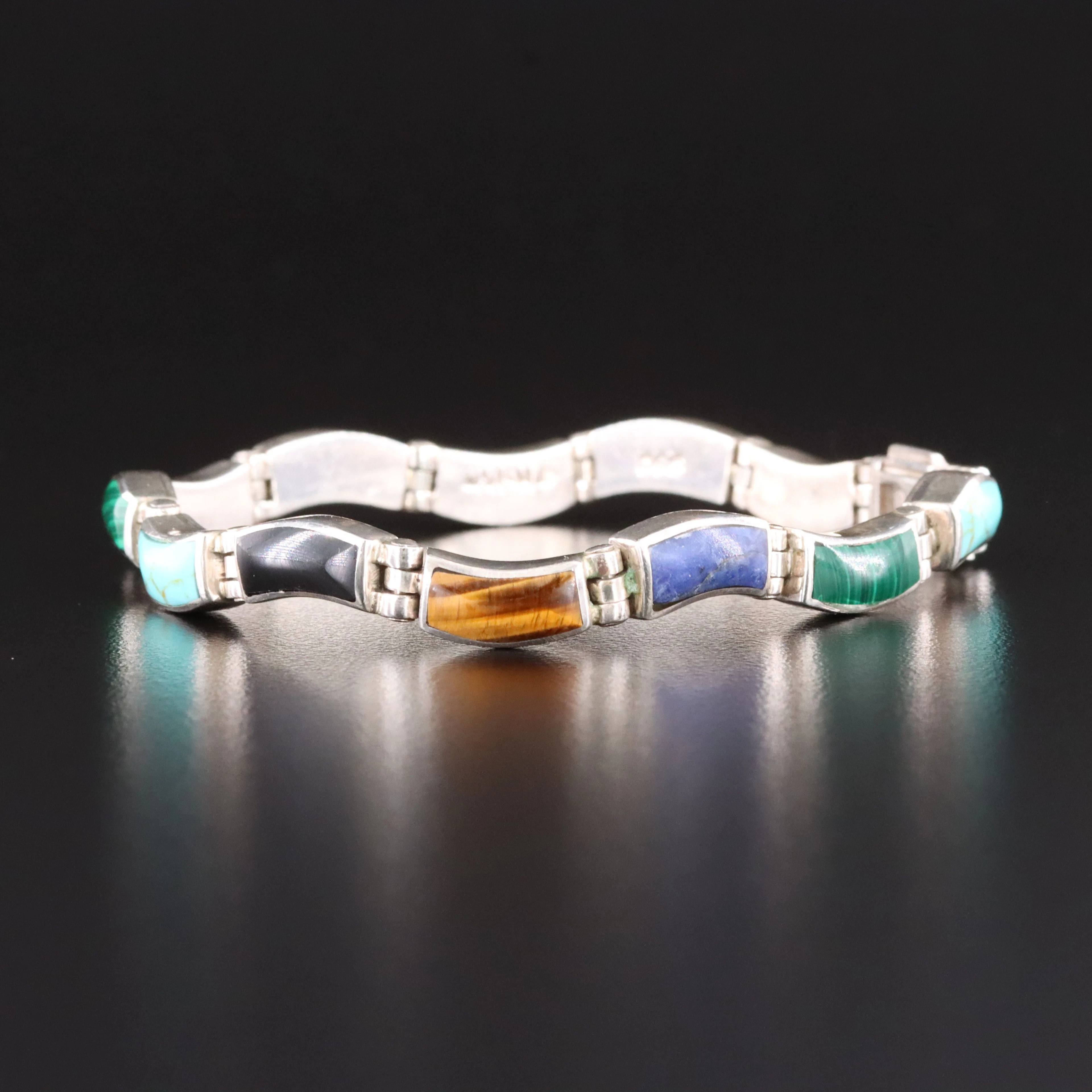 950 Silver Gemstone Bracelet Featuring Malachite, Tigers Eye and Sodalite
