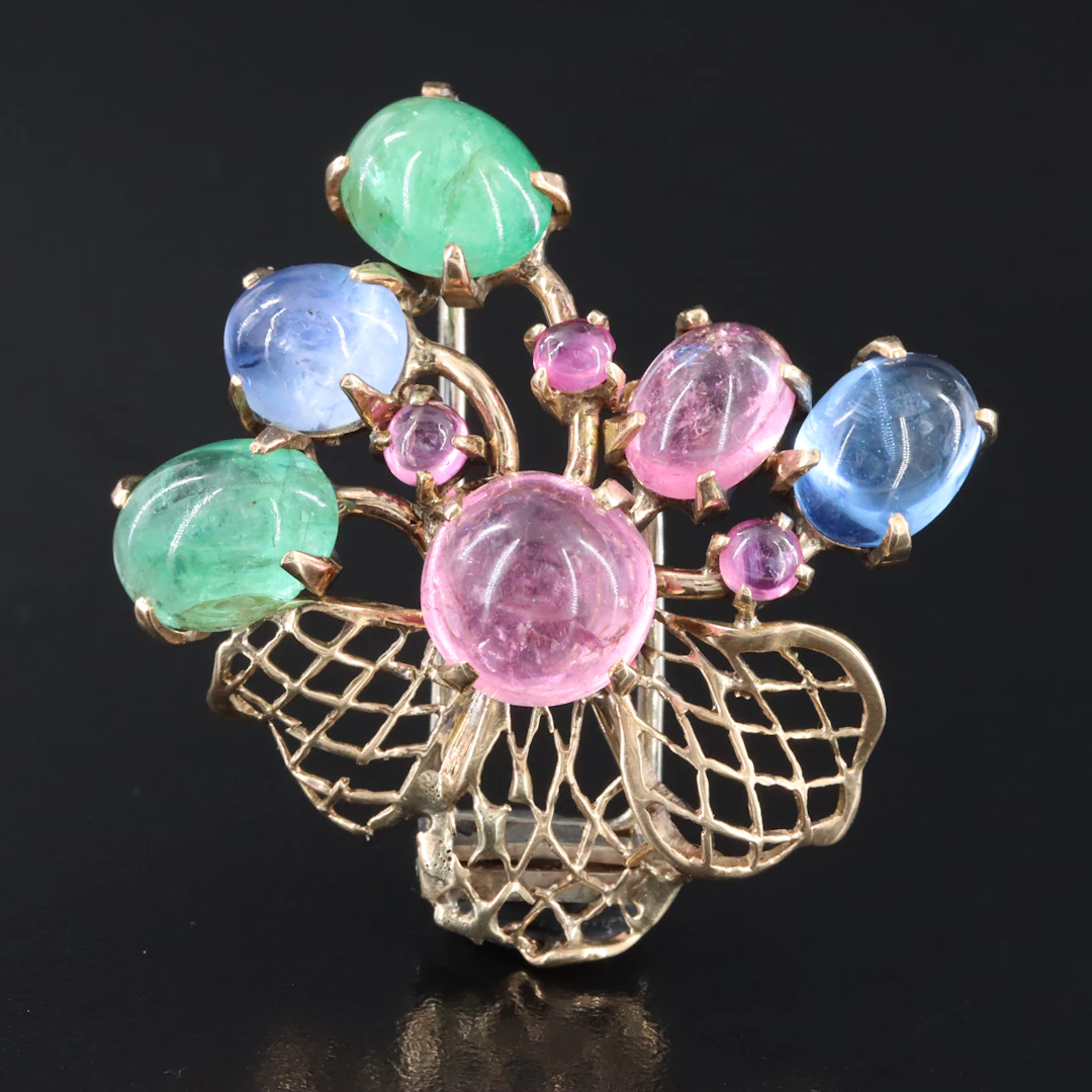 Vintage Seaman Schepps 14K Tourmaline, Emerald, and Sapphire Brooch