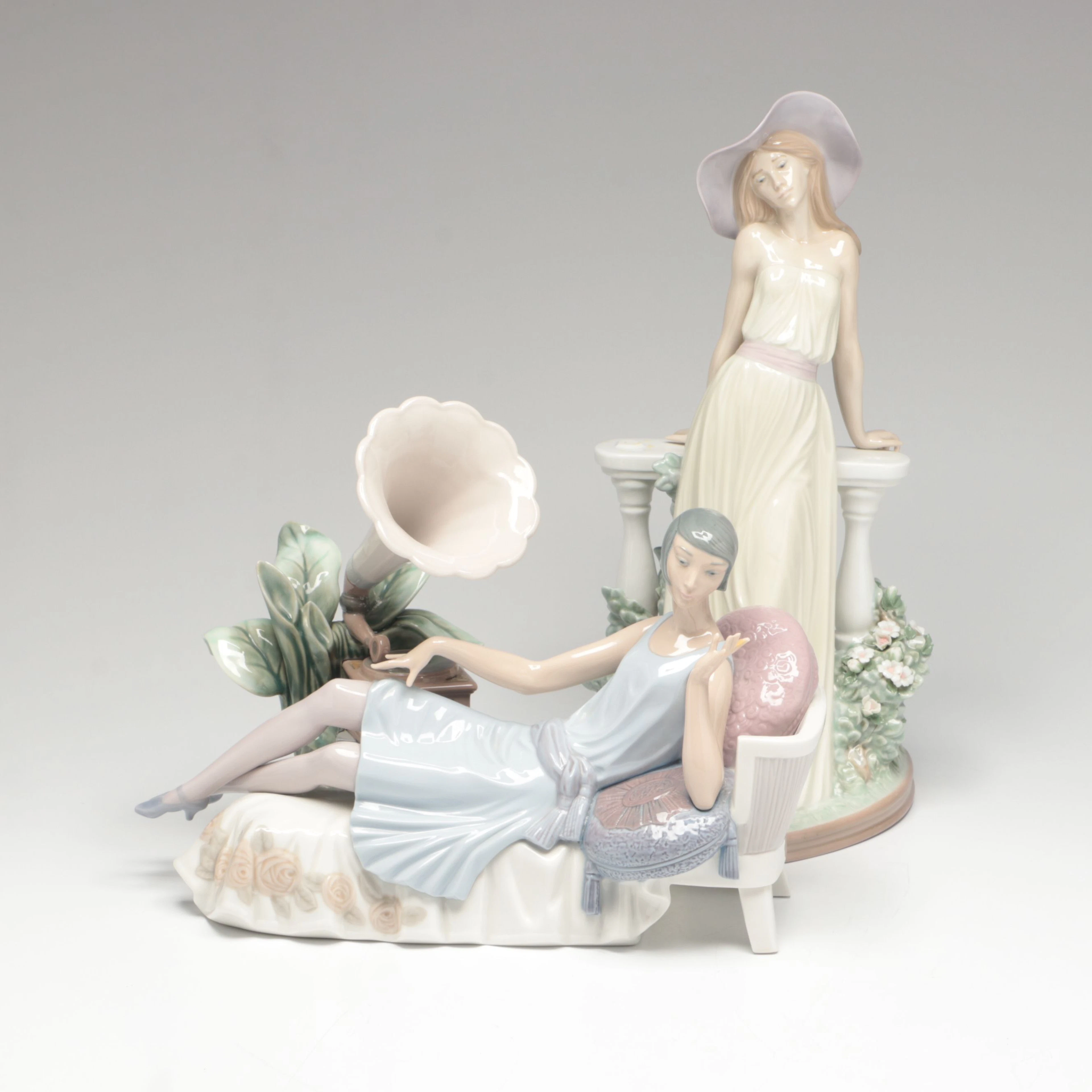 Lladró "Lady Leaning on Divan" and "Time for Reflection" Porcelain Figurines