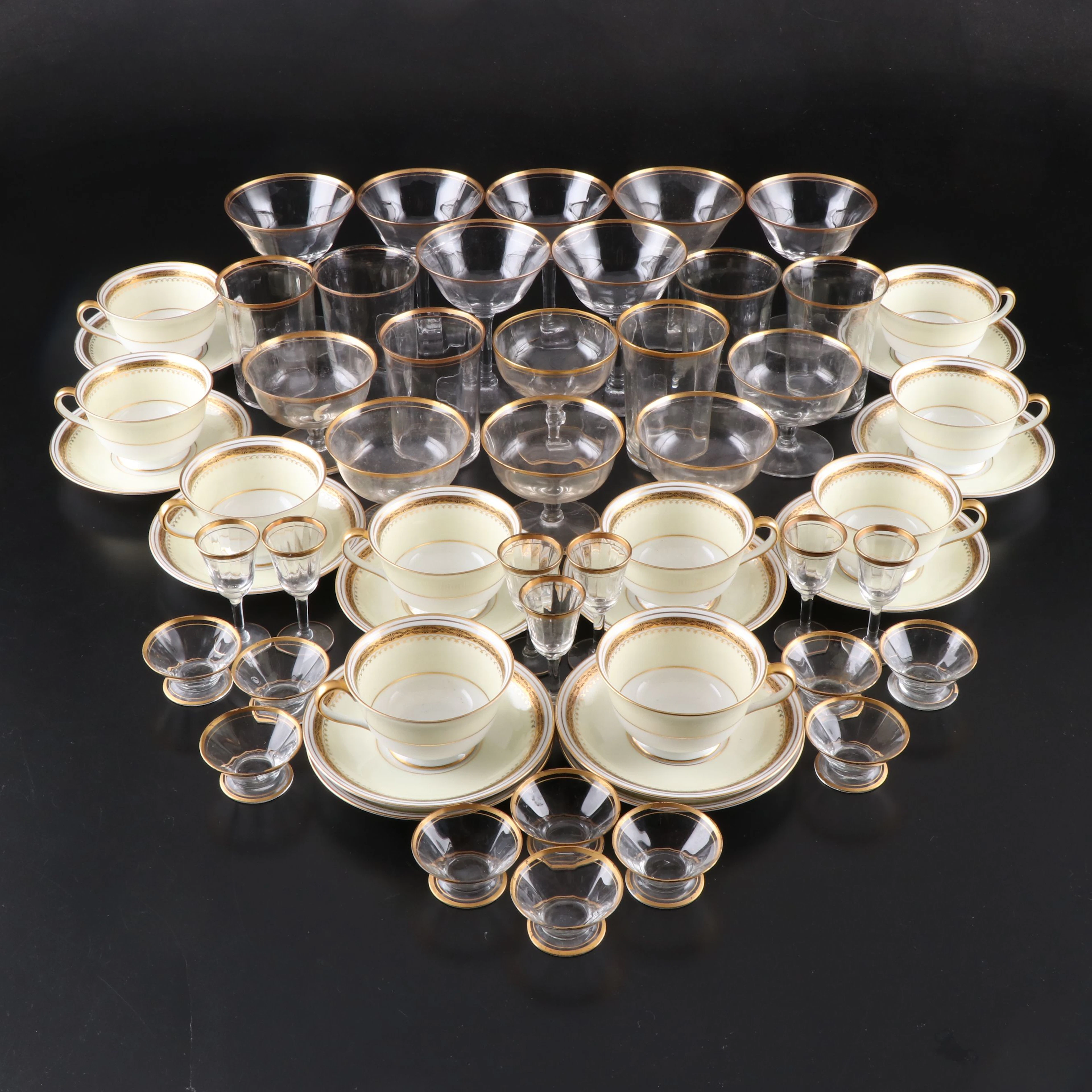 Noritake "Garfield" Cups and Saucers with Art Deco Style Gilt Rim Glassware