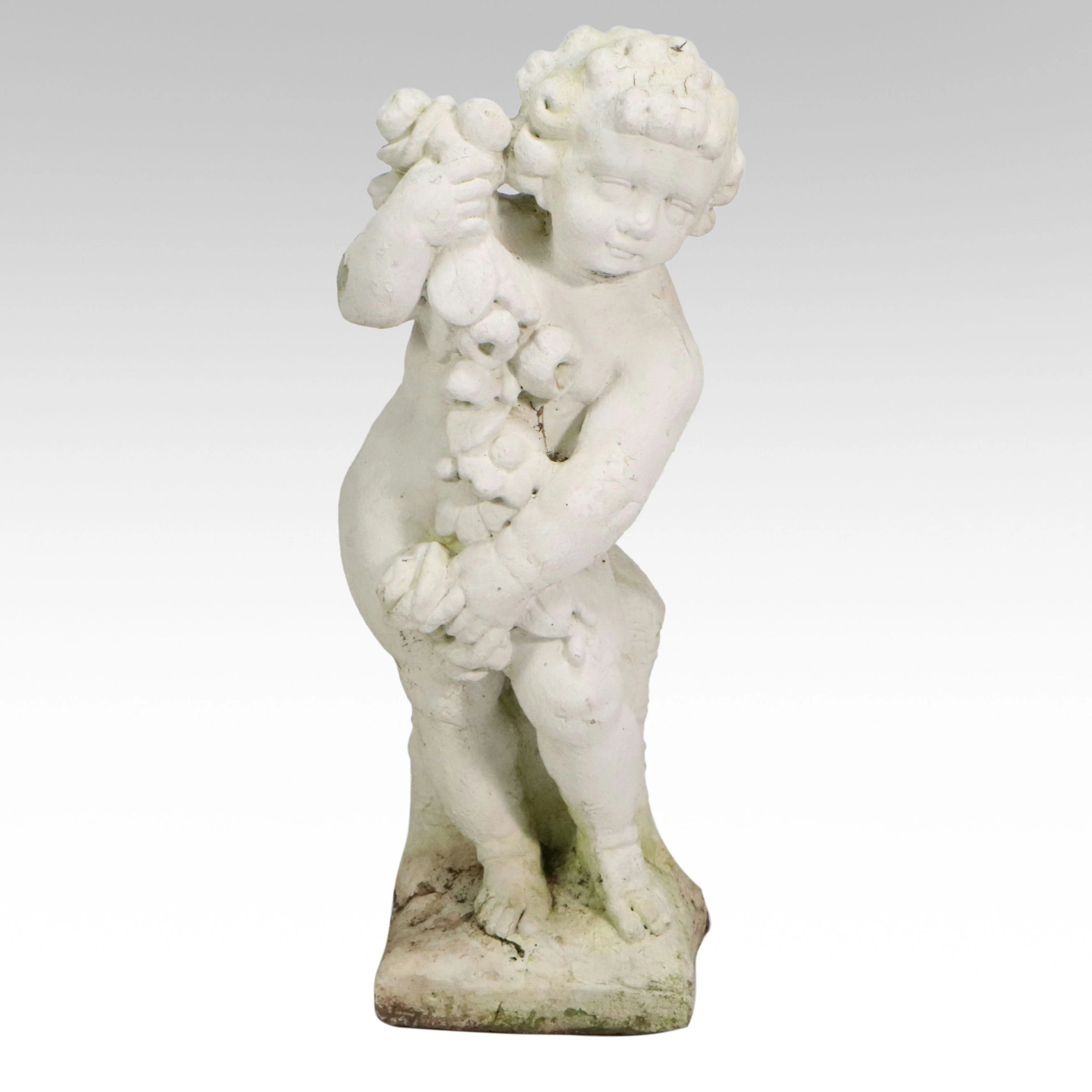 Neoclassical Style Cast Concrete Putto with Flowers Garden Statue