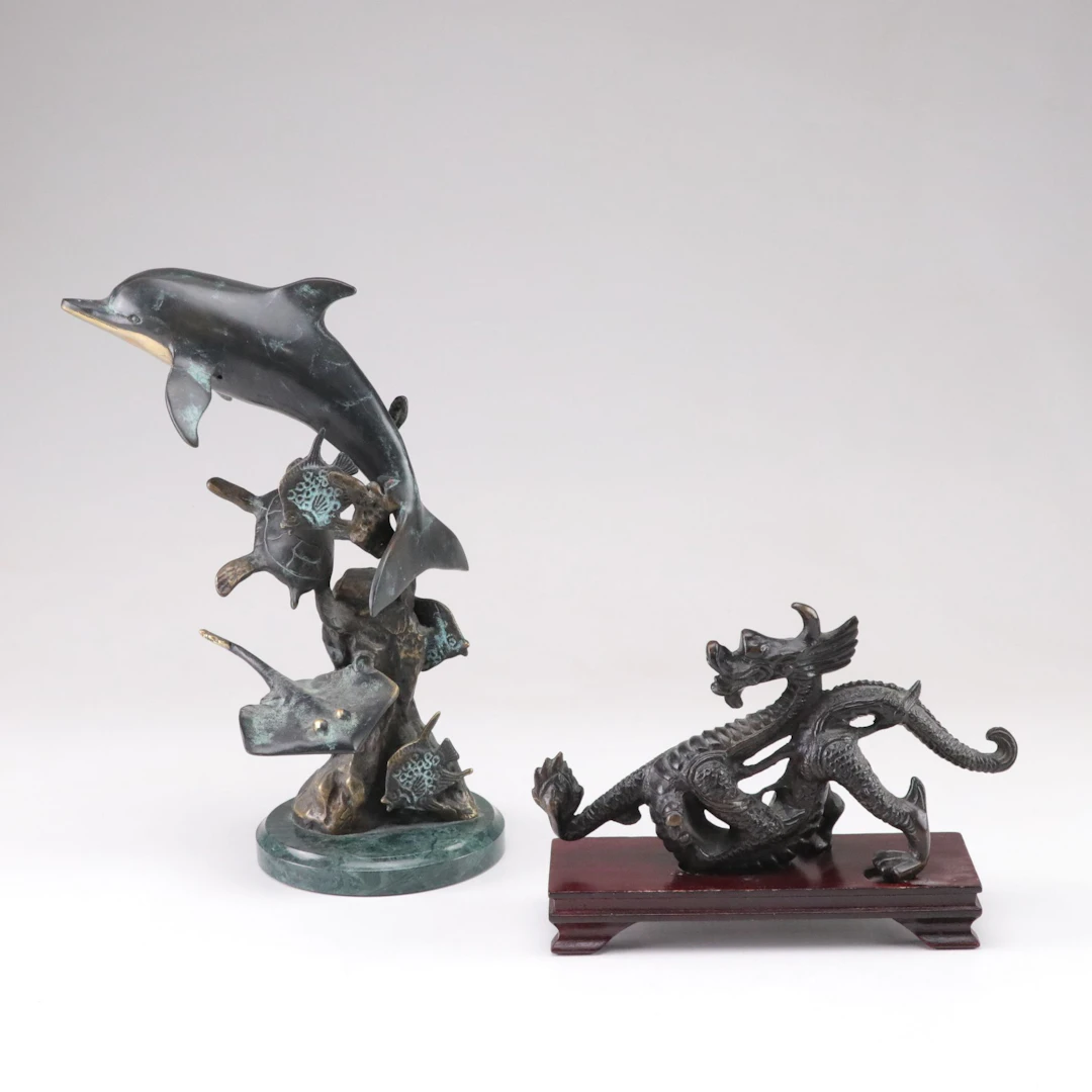 Brass Sea Life Sculpture with Chinese Dragon Figurine