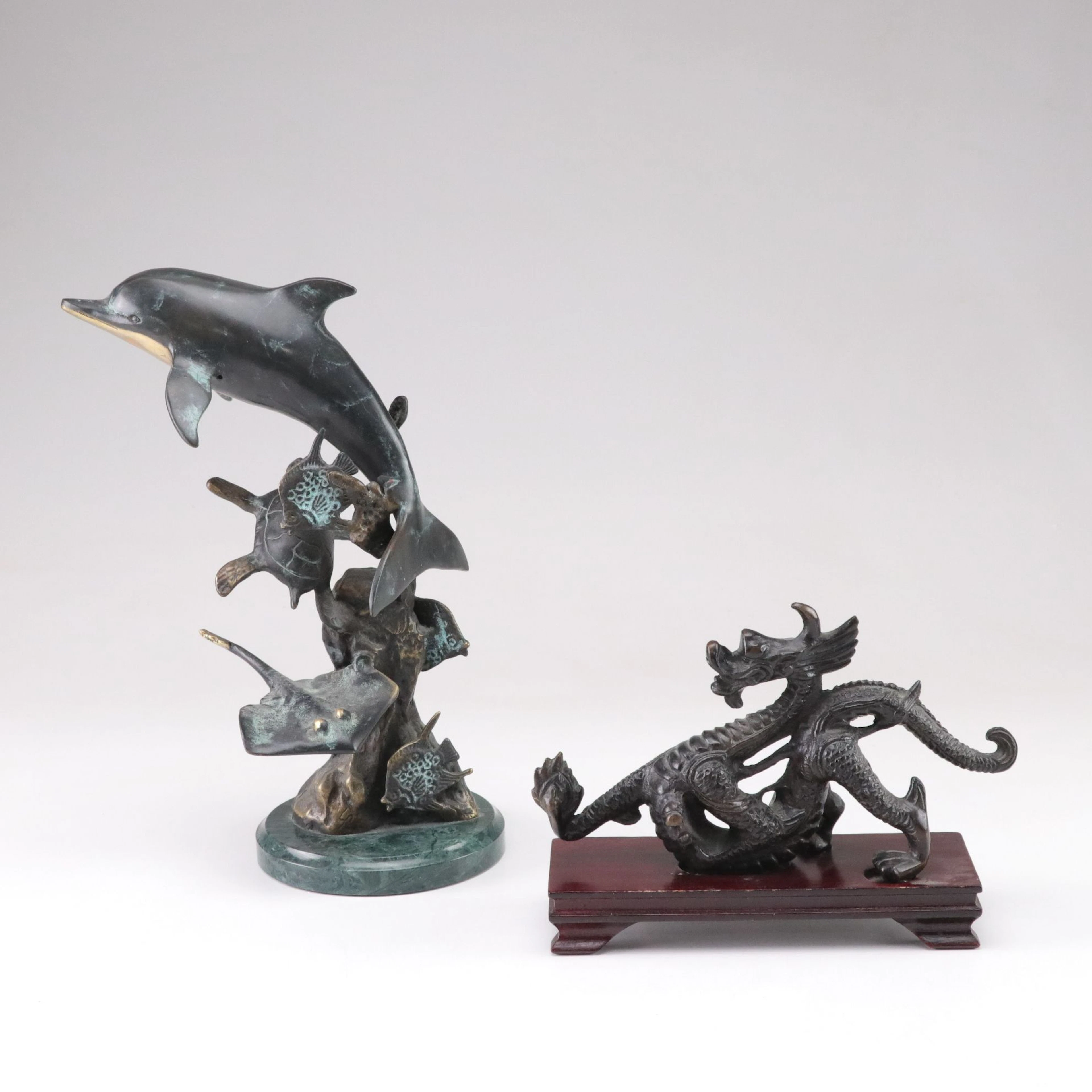 Brass Sea Life Sculpture with Chinese Dragon Figurine