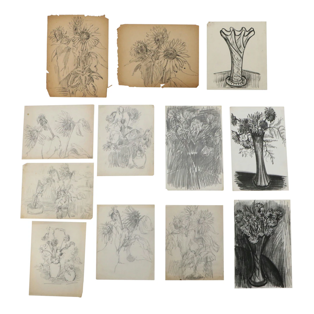 Achillo “Achi” Sullo Pastel and Graphite Drawings of Flowers and Vases
