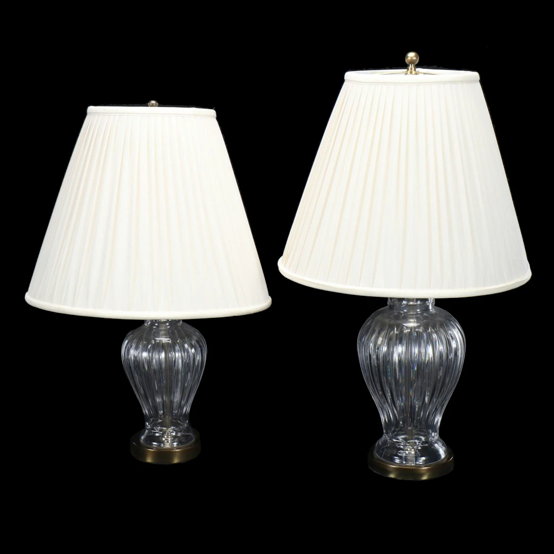 Pair of Crystal Ginger Jar Form Table Lamps with Pleated Silk Shades
