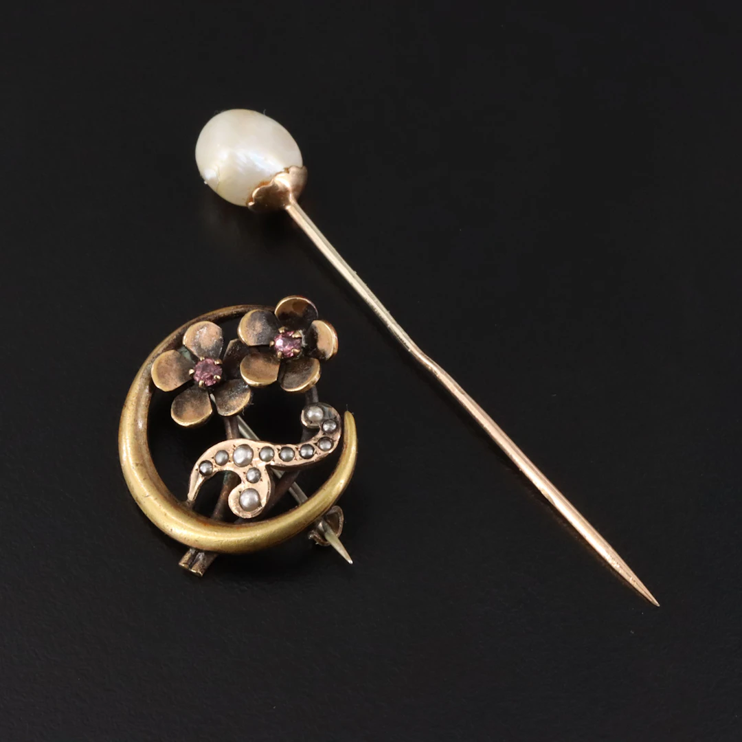 Antique 10K Pearl Stickpin and Crescent Moon Seed Pearl and Glass Brooch
