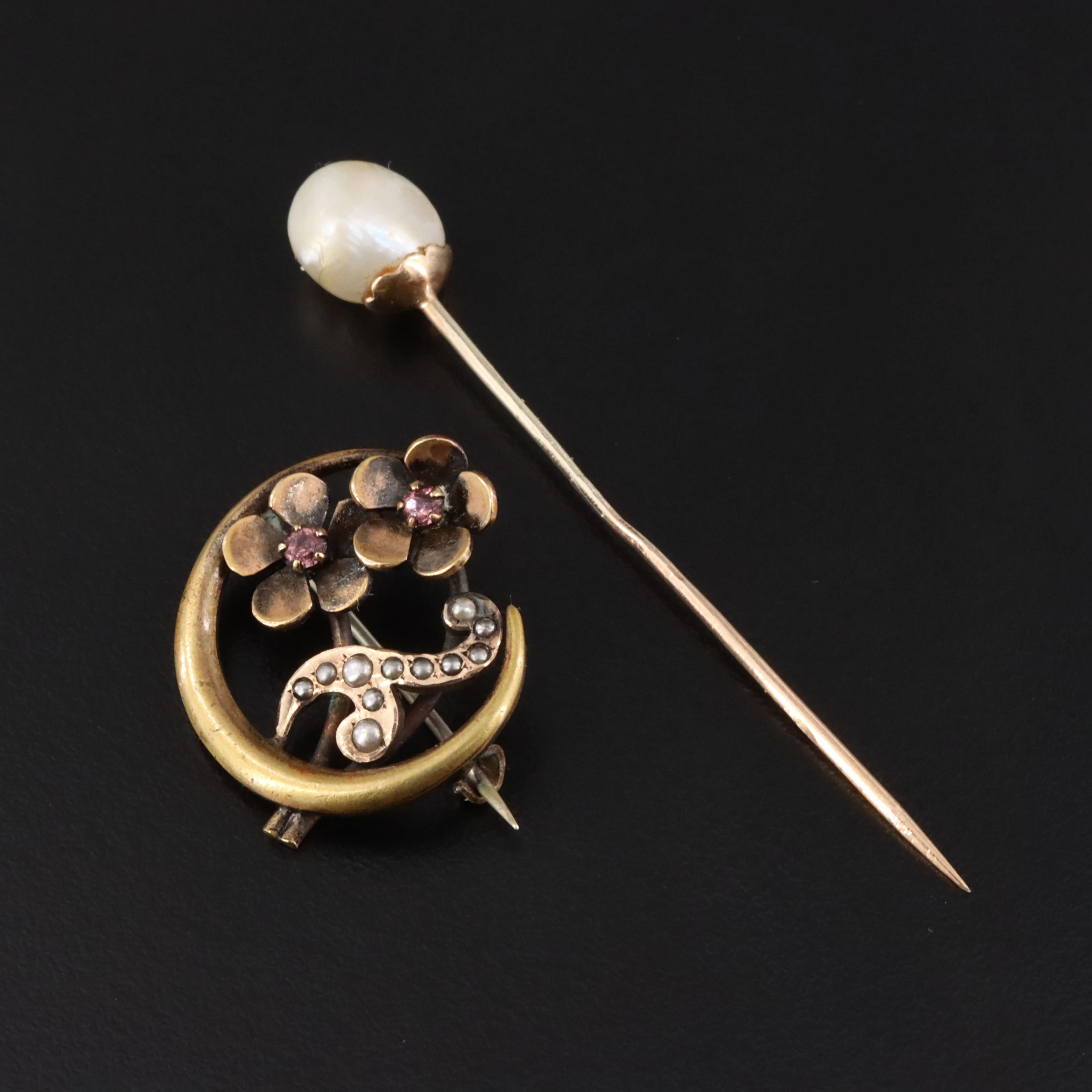 Antique 10K Pearl Stickpin and Crescent Moon Seed Pearl and Glass Brooch