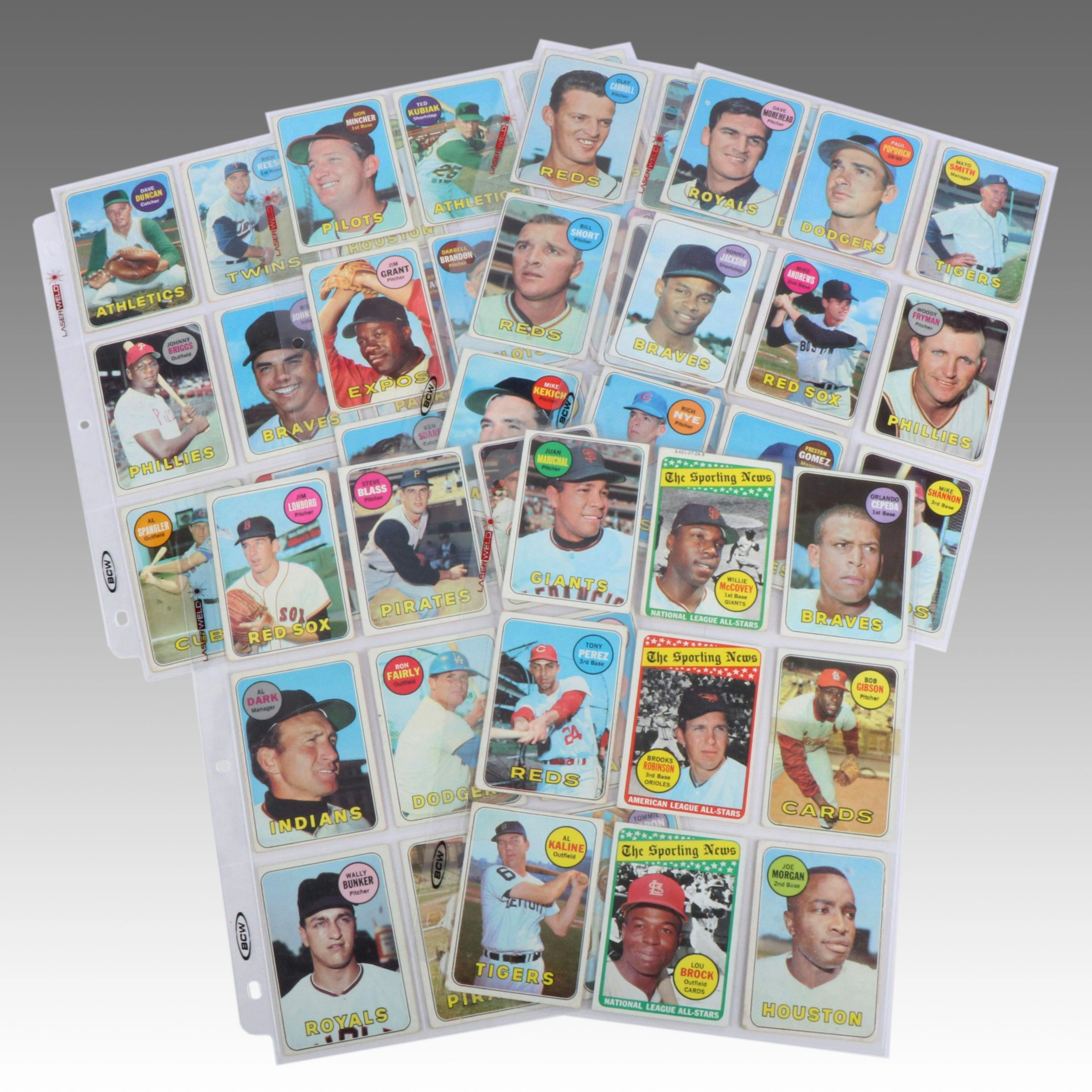 1969 Topps Baseball Cards with Bob Gibson, Lou Brock, and Willie McCovey
