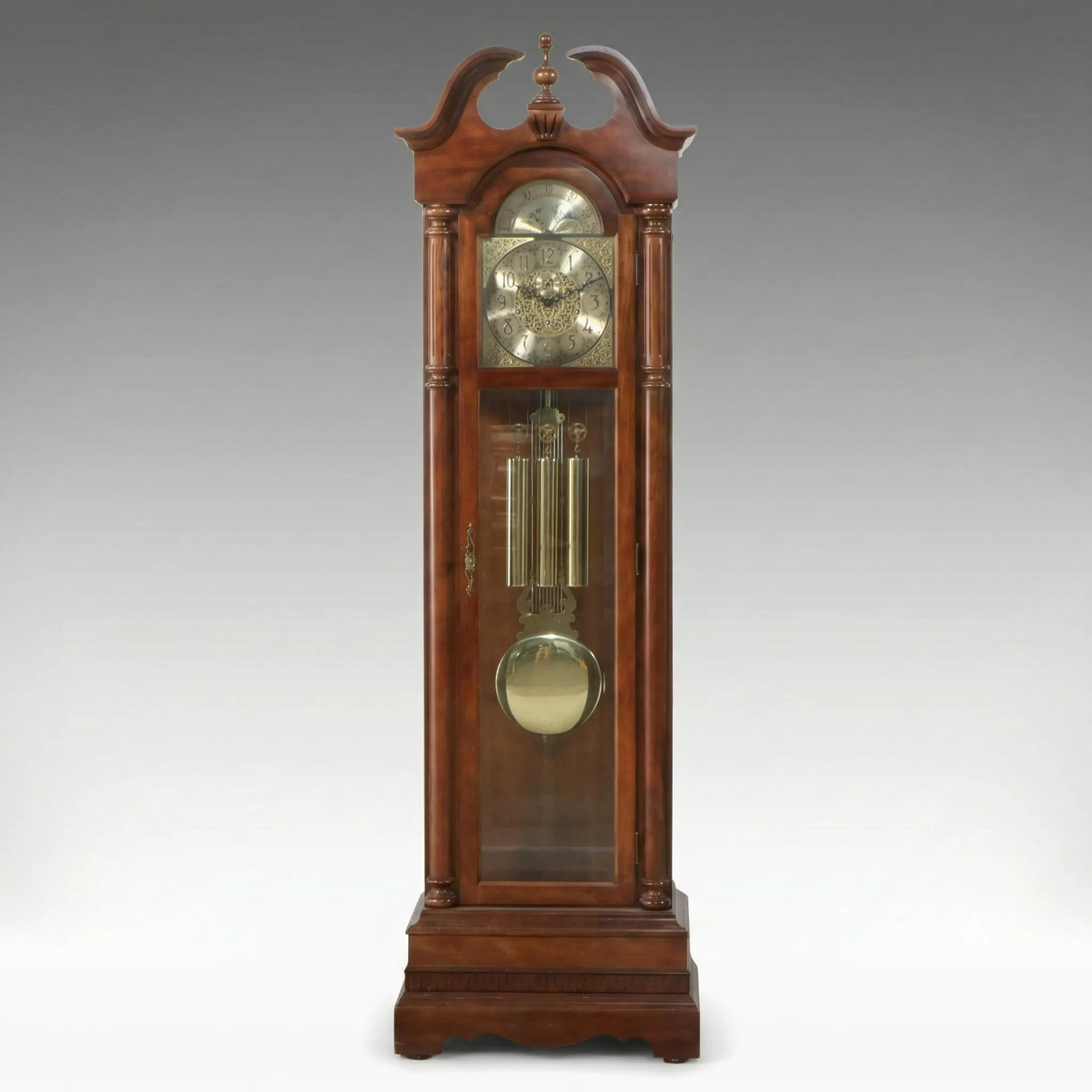 Ridgeway Chippendale Style Broken Bonnet Walnut Case Grandfather Clock