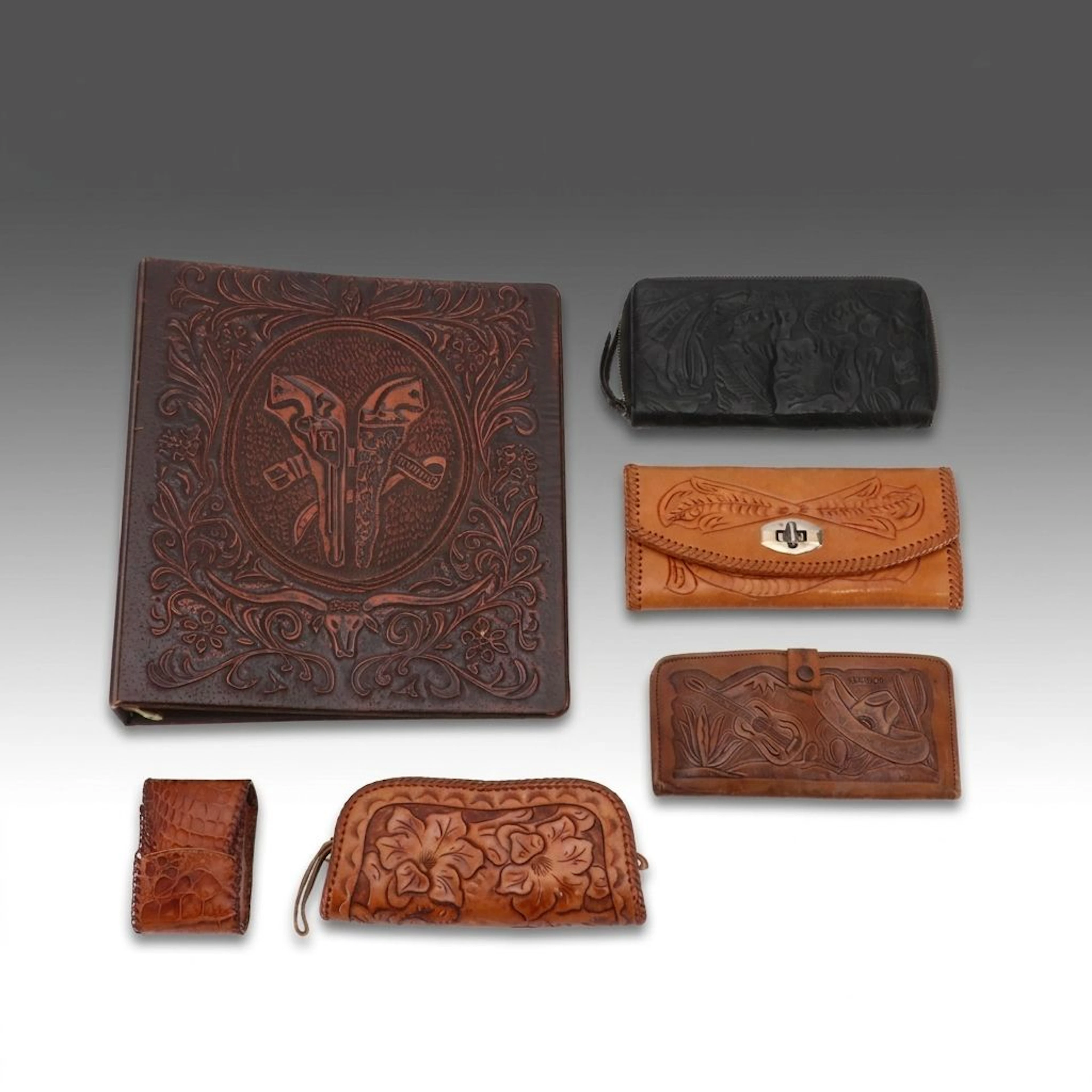 Tooled Leather Wallets and Accessory Cases with Embossed Vinyl Binder, Vintage
