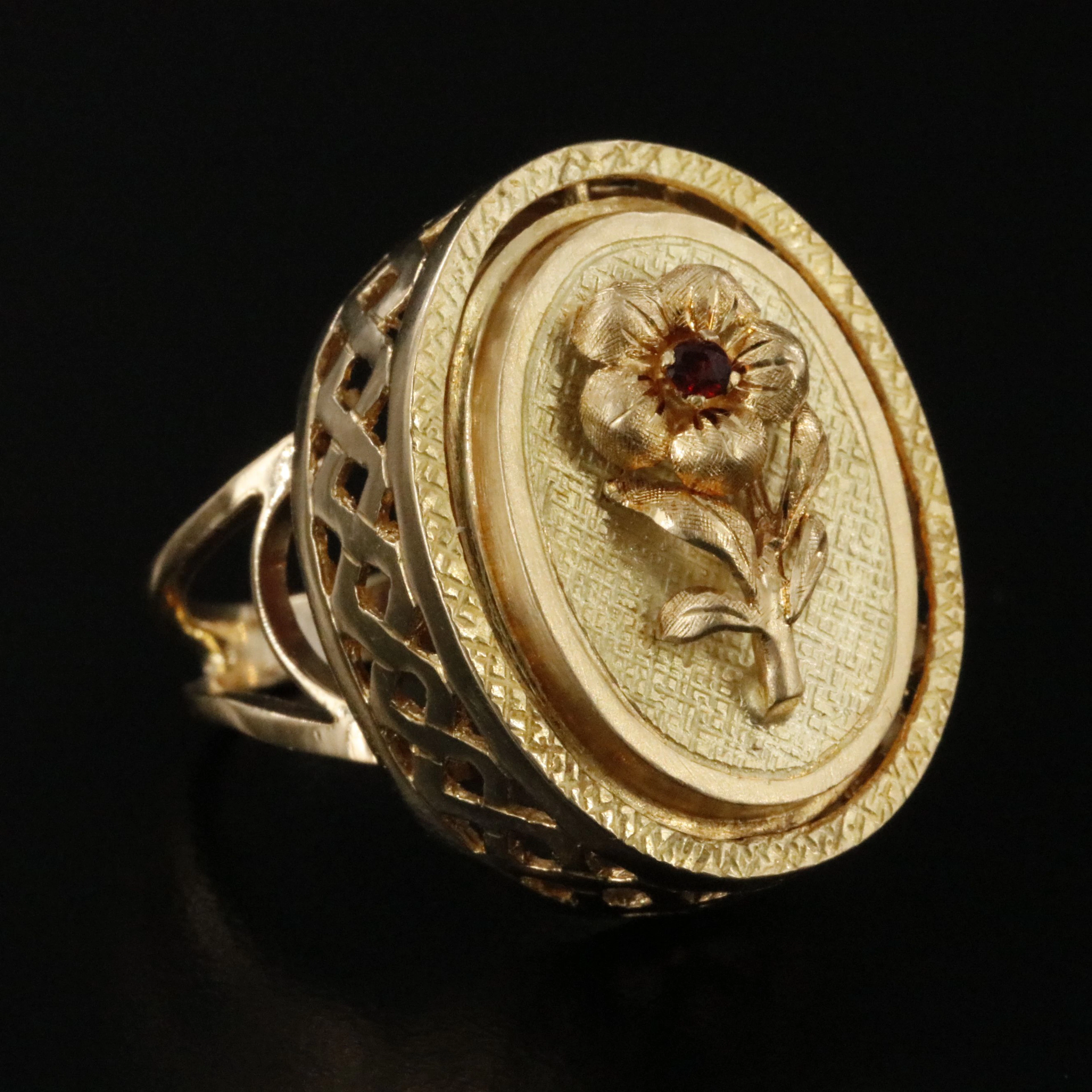 18K Rhodochrosite and Garnet Flower Ring with Articulated Center