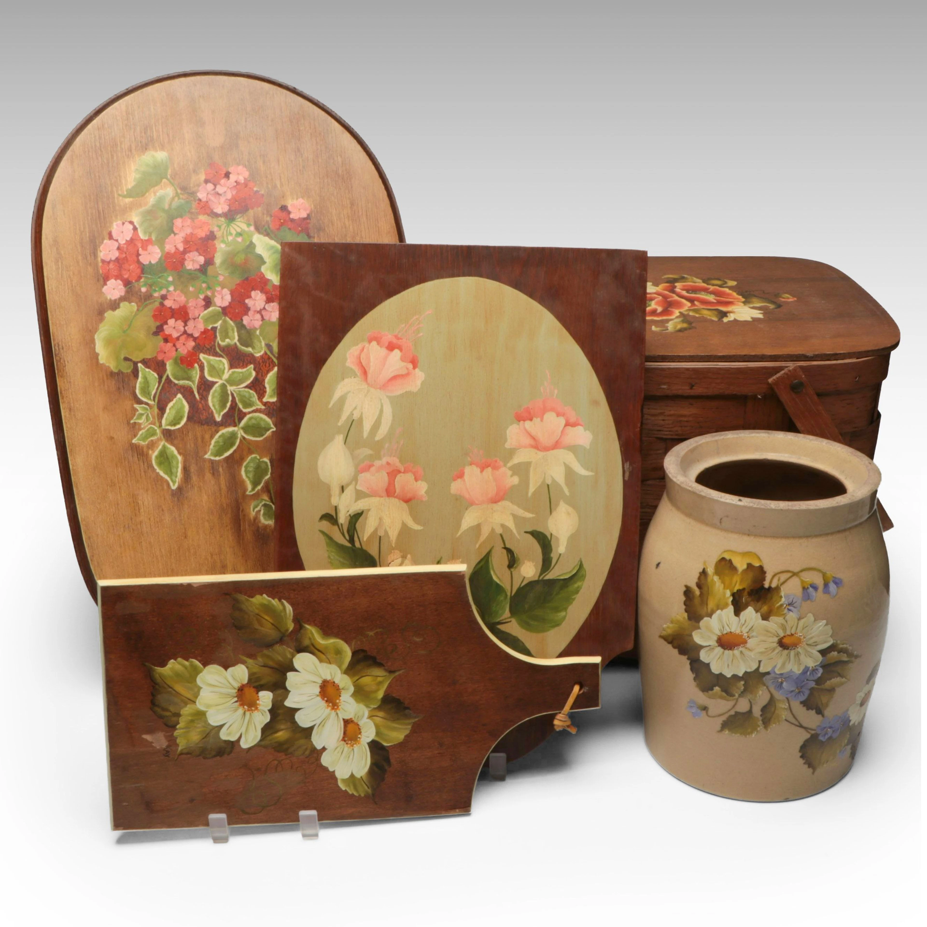 Floral Hand-Painted Ceramic Crock, Basket and More Wood Décor