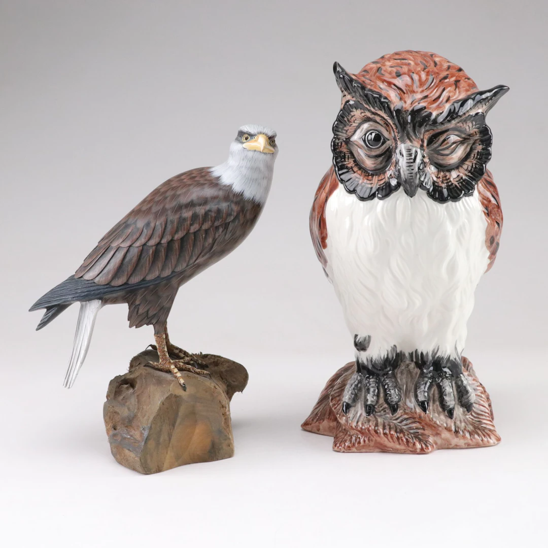 Ceramic Owl with Wooden American Bald Eagle, Mid to Late 20th Century