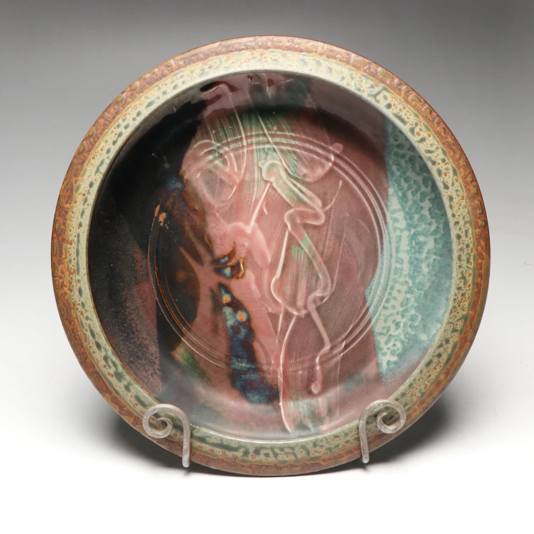 Art Pottery Decorative Charger with Wooden Stand, Late 20th to 21st Century