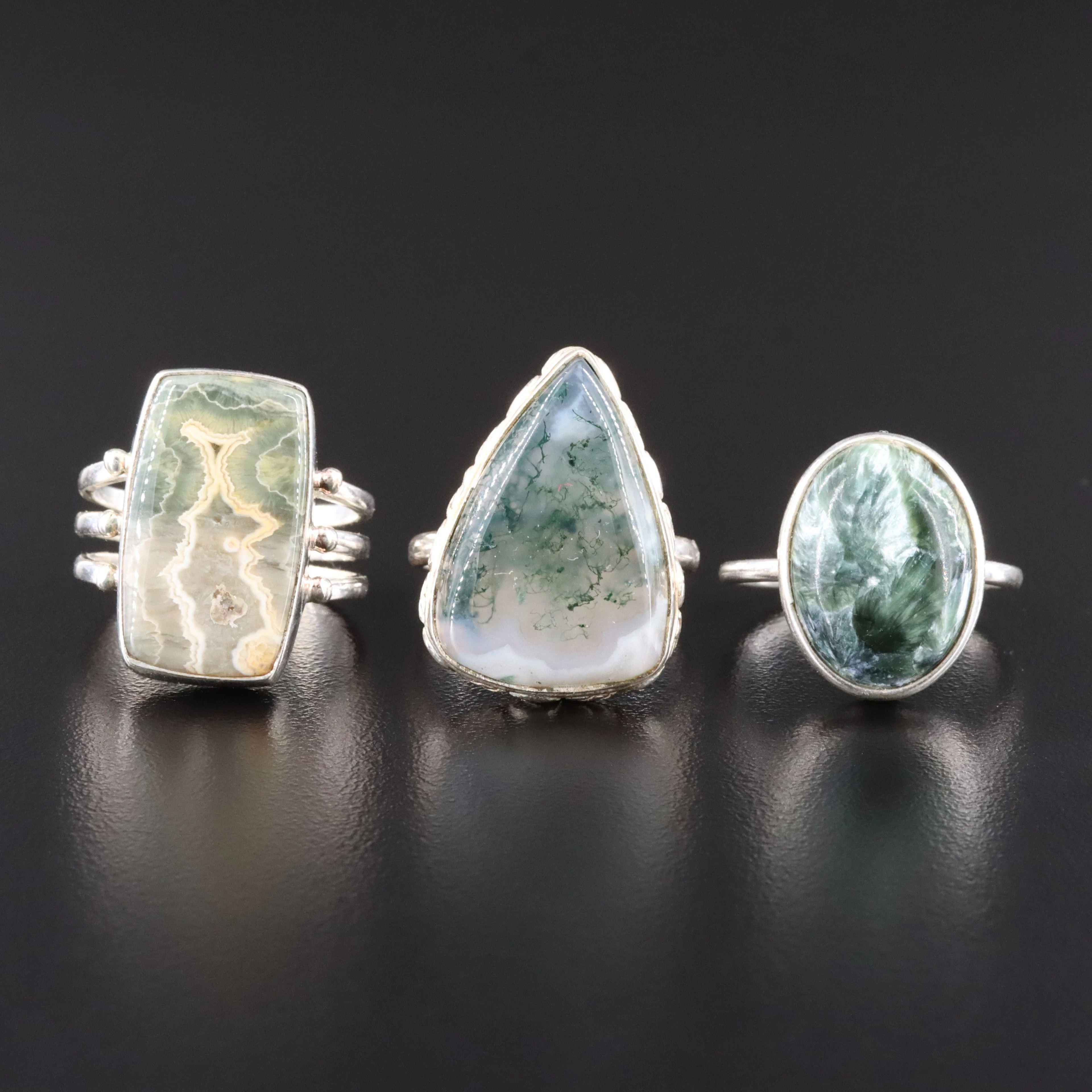 Sterling Moss Agate, Seraphinite, and Jasper Rings
