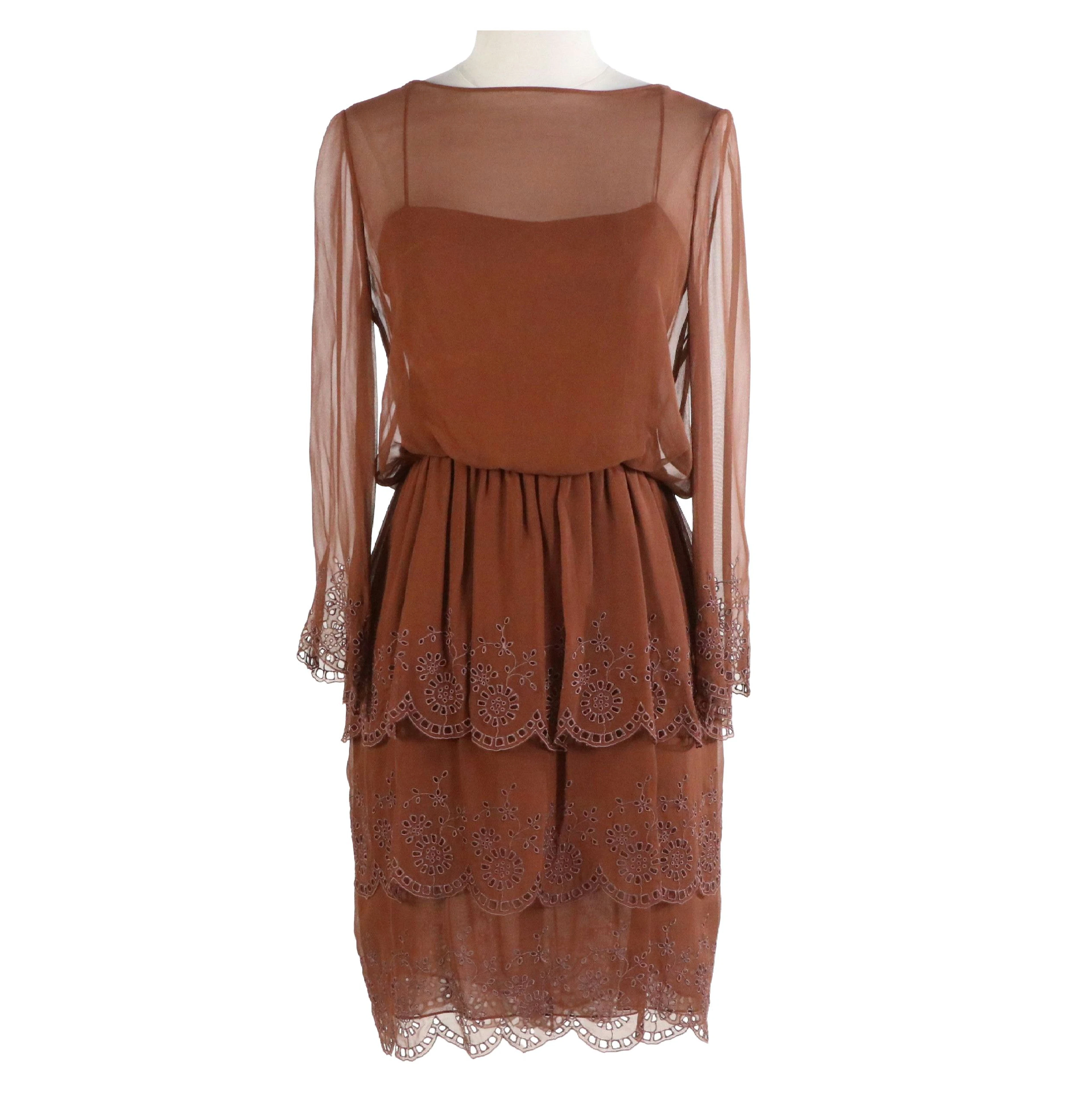 Oscar de la Renta Vintage Long Sleeve Tiered Dress in Brown Silk Blend