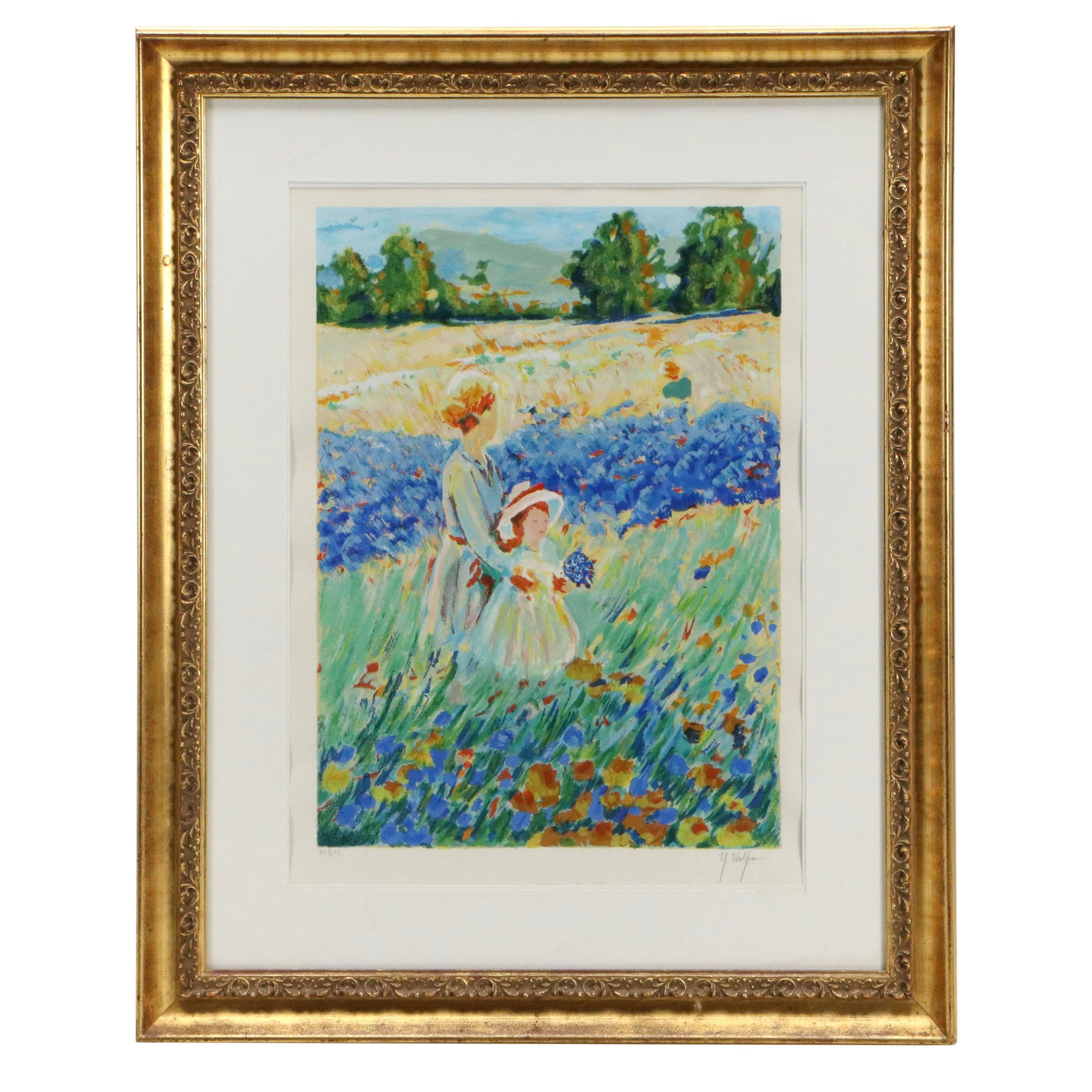 Impressionist-Inspired Serigraph of Woman and Child in Field of Flowers