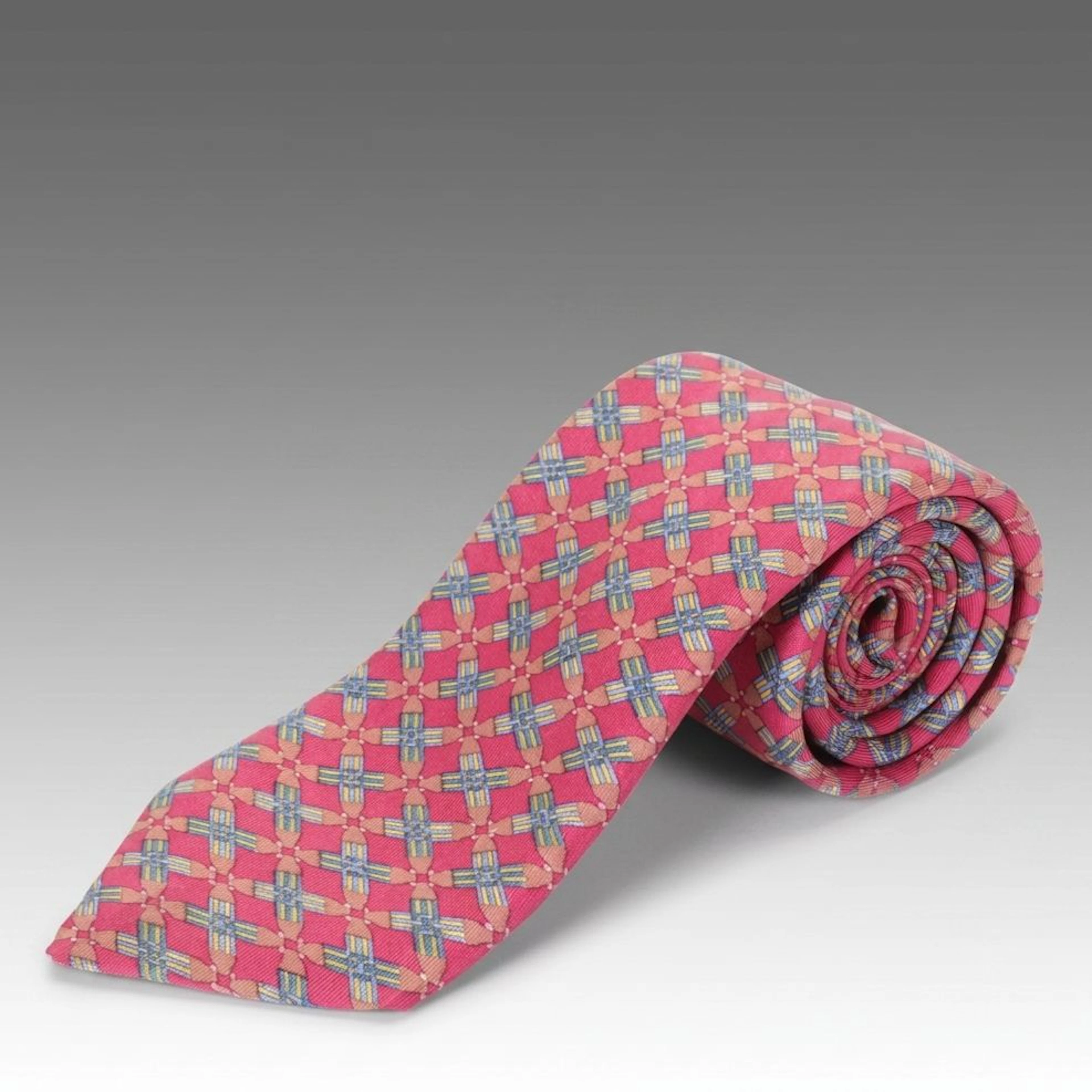 Hermès Raspberry Silk Neck Tie with Geometric Motif