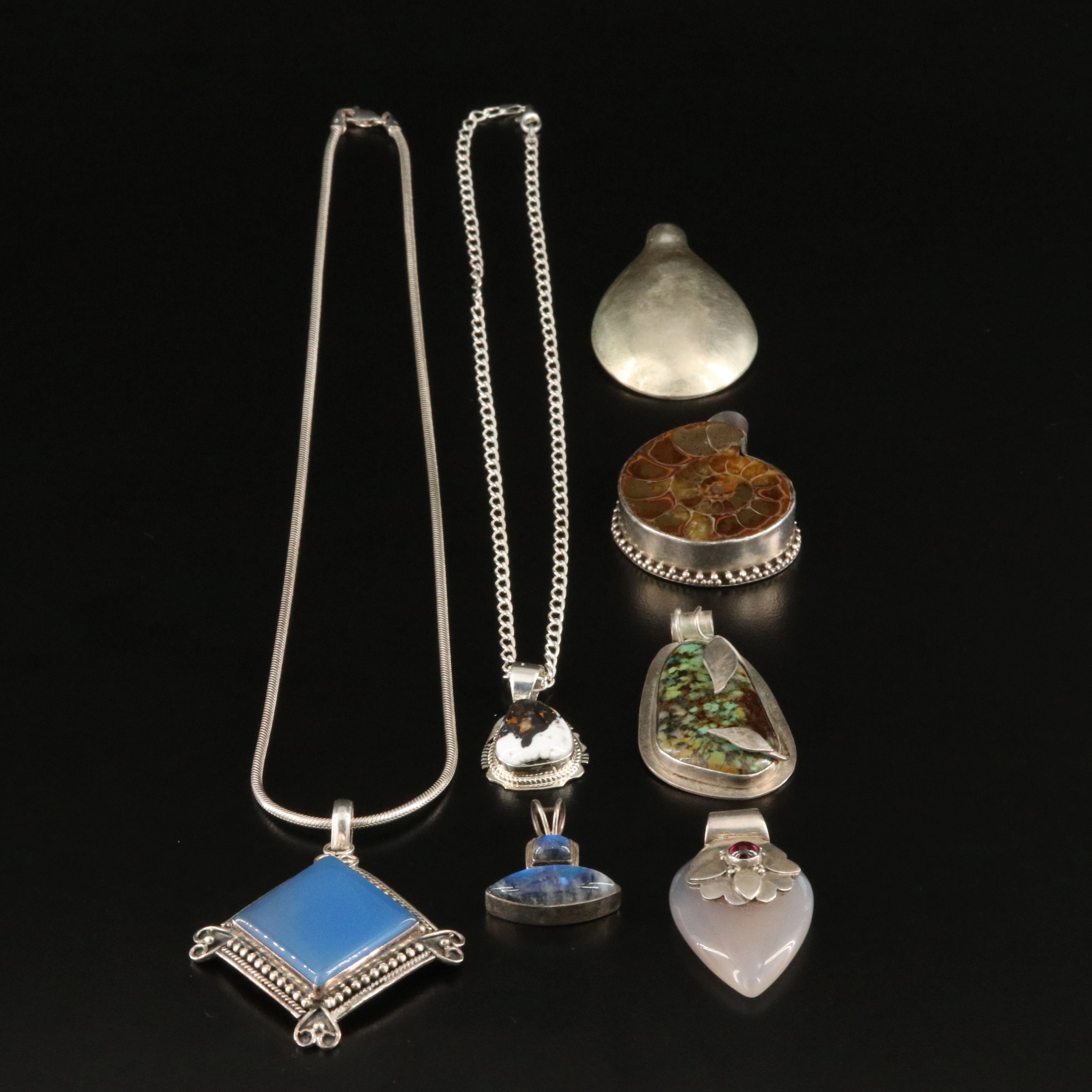 Ammonite, Turquoise and Garnet Featured in Sterling Pendants and Necklace