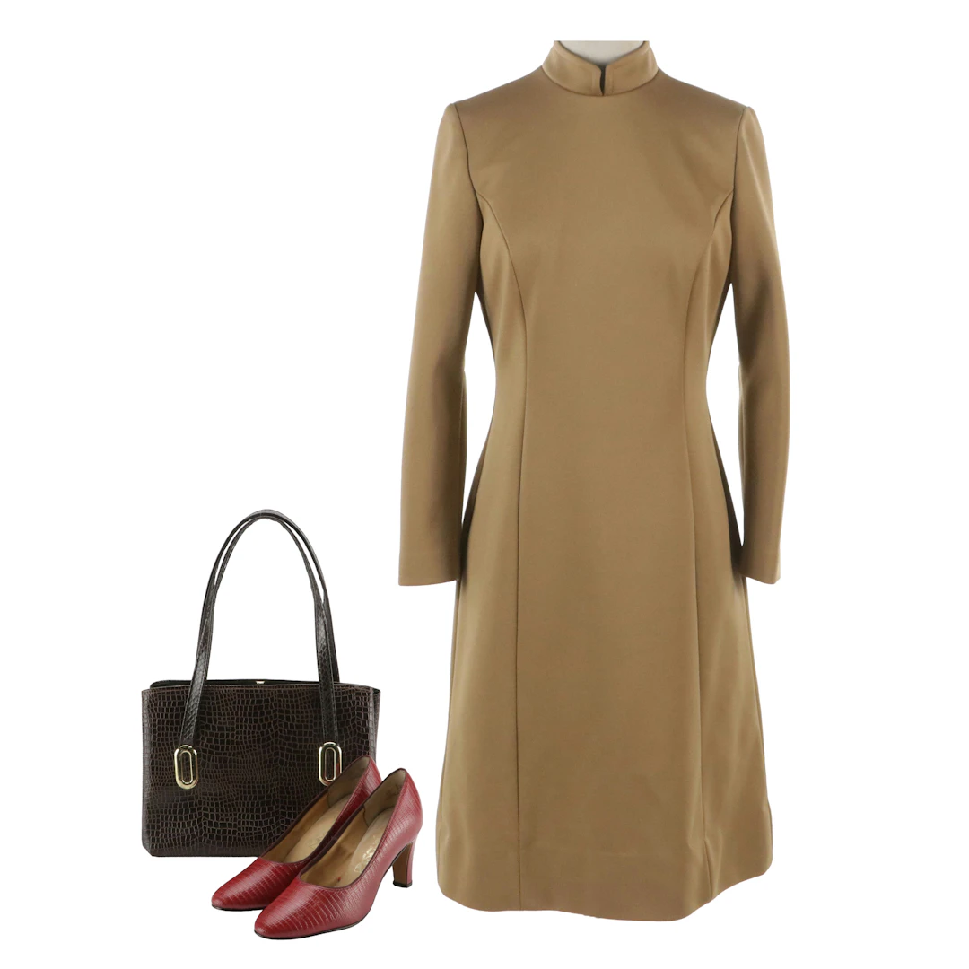Curated Ensemble Featuring Long Sleeve Shift Dress, Risqué Red Heels and Bag